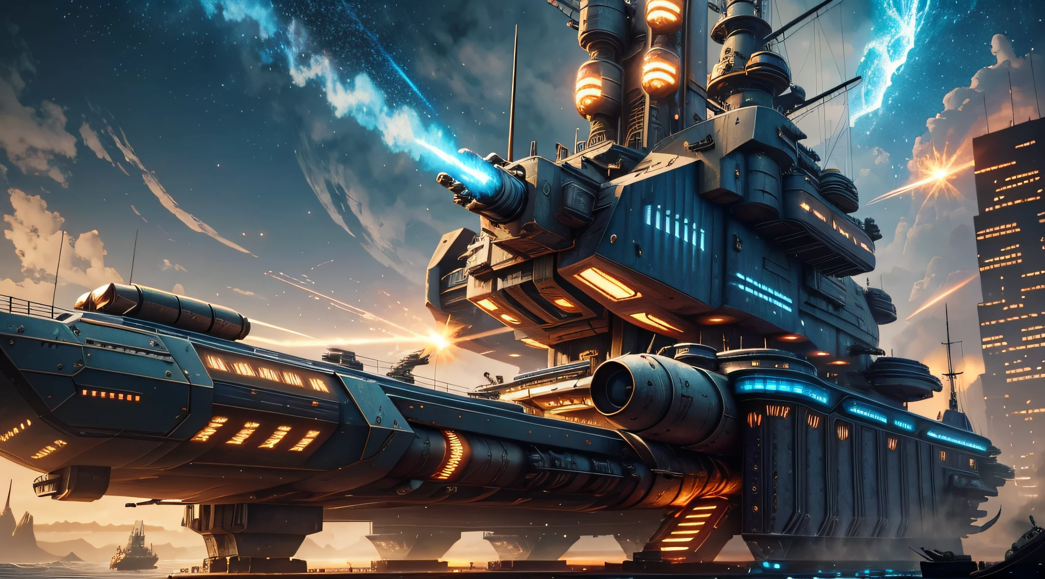 Steampunk style, cold colors, cinematic effects, futuristic sci-fi giant cruiser, cruiser with giant cannon, anti-aircraft gun, radar, command room, super detail, light and shadow, particle light, particle special effects, blue flame erupting from the tail, ambient lights, surreal sci-fi dock in the background, aesthetic, 8K, top painting, concept art, epic composition, with HD details, metallic texture and tension composition, hyper-realistic, ultra-realistic, rich in detail, 3D.