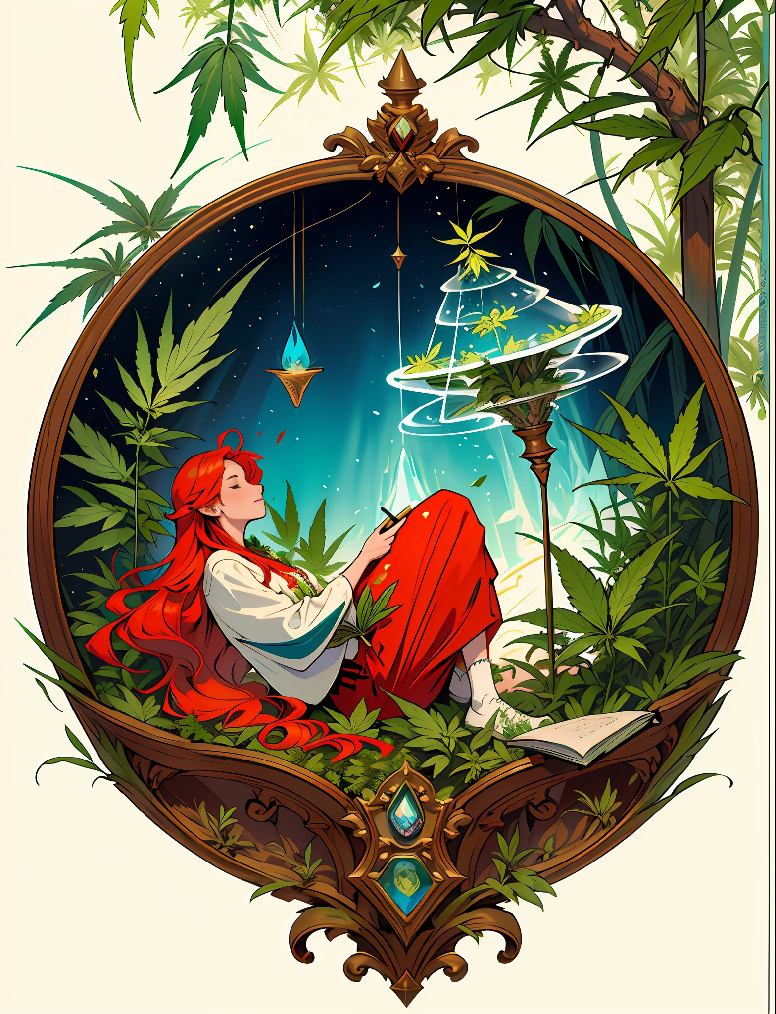 Close up closeup Hemp, leaf, marijuana, cannabis cone, ((illustration)), colorful, wallpaper, energy, secret, magical environment, magical environment, magic wand, books, pages flying in the sky, omniscience, prediction of the future, understanding the past, frost magic, spells, red hair, long hair, --v 6