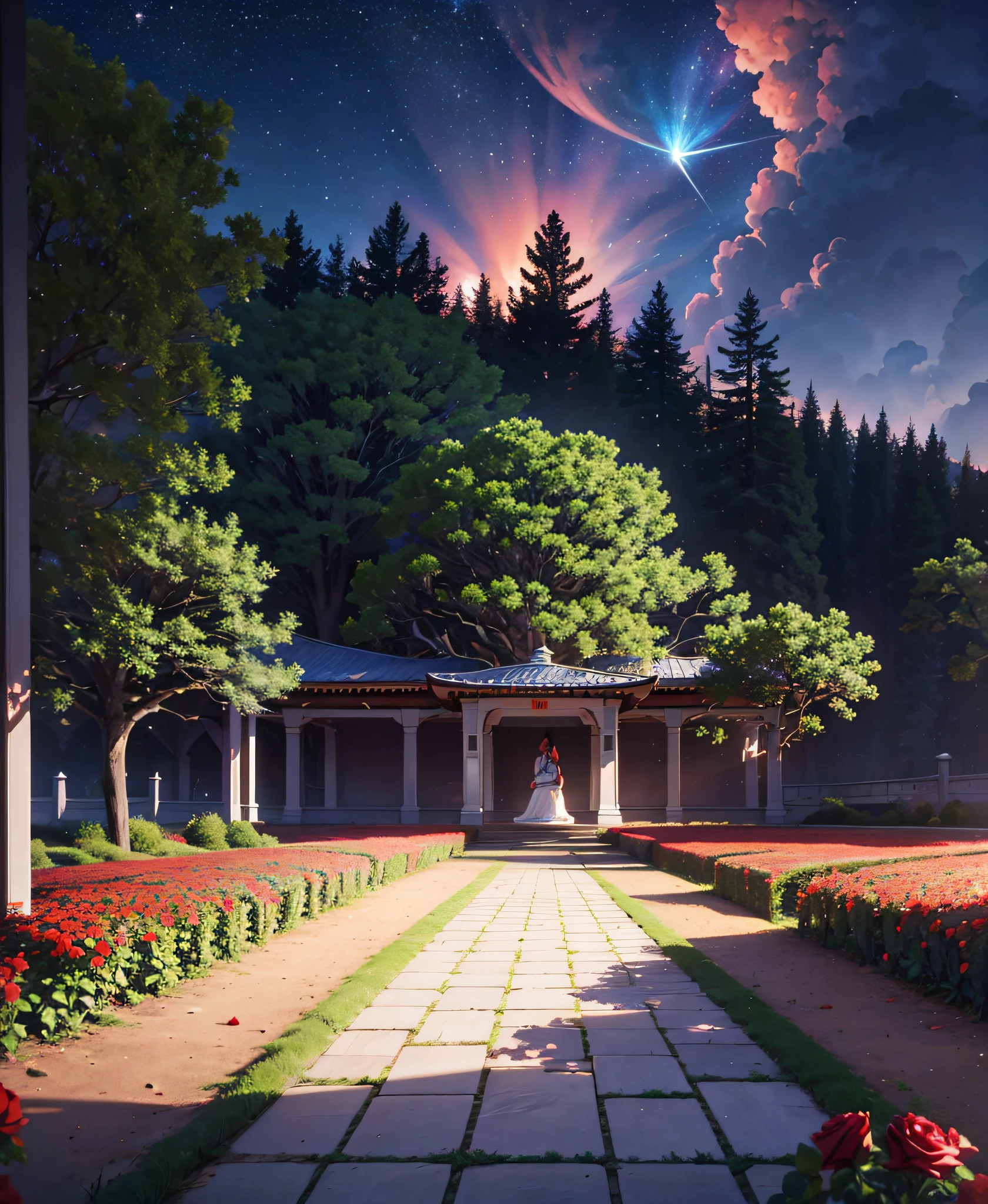 A beautiful red rose garden, starry night,serene landscape, silcence, by beeple,Hiroshi Sugimoto,artstation.