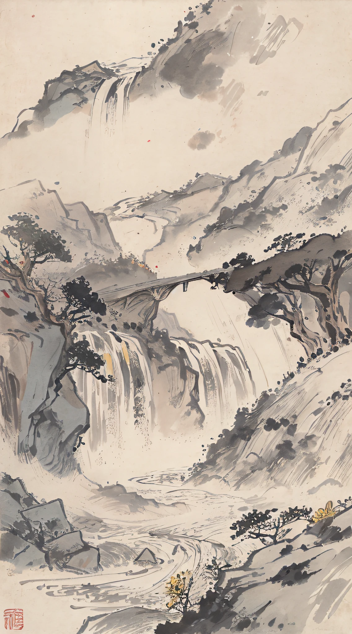 (Masterpiece, best quality: 1.2), traditional Chinese ink painting, large waterfall between mountains, rough waves, Yellow River, grandeur