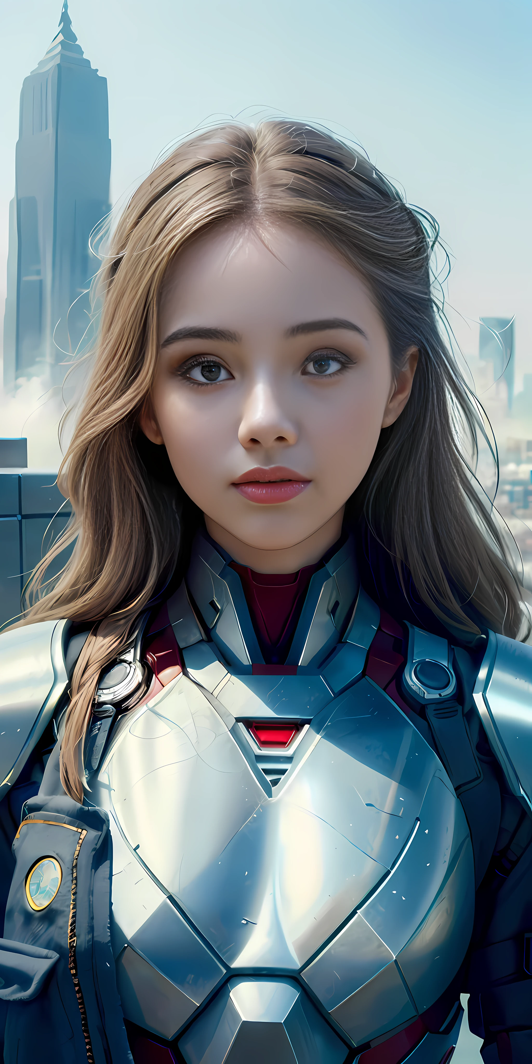 (1girl:1.3), Solo, (((Very detailed face)))), ((Very detailed eyes and face)))), Beautiful detail eyes, Body parts__, Official art, Unified 8k wallpaper, Super detailed, beautiful and beautiful, beautiful, masterpiece, best quality, original, masterpiece, super fine photo, best quality, super high resolution, realistic realism, sunlight, full body portrait, amazing beauty, dynamic pose, delicate face, vibrant eyes, (from the front), She wears iron man armor, very detailed city roof background, rooftop, overlooking the city, detailed face, detailed complex busy background, messy, gorgeous, milky white, highly detailed skin, realistic skin details, visible pores, clear focus, volumetric fog, 8k uhd, DSLR, high quality, film grain, fair skin, photo realism, lomography, futuristic dystopian megalopolis, translucent