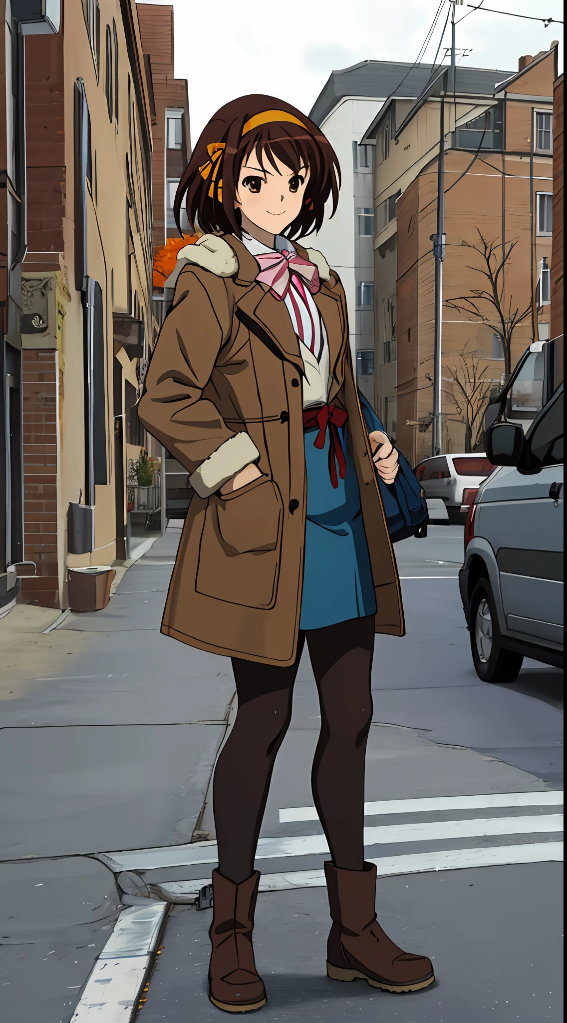 masterpiece, best quality, high definition, 1girl, solo, superhero, coat, red coat, brown hair, short hair, brown eyes, hair headband, medium hair, ribbon, boots, matching shoes, blue shoes, medium chest, cowboy shot, standing, smile, city background, Haruhi Suzumiya, Kyoi Haruhi style, winter, autumn, cloudy