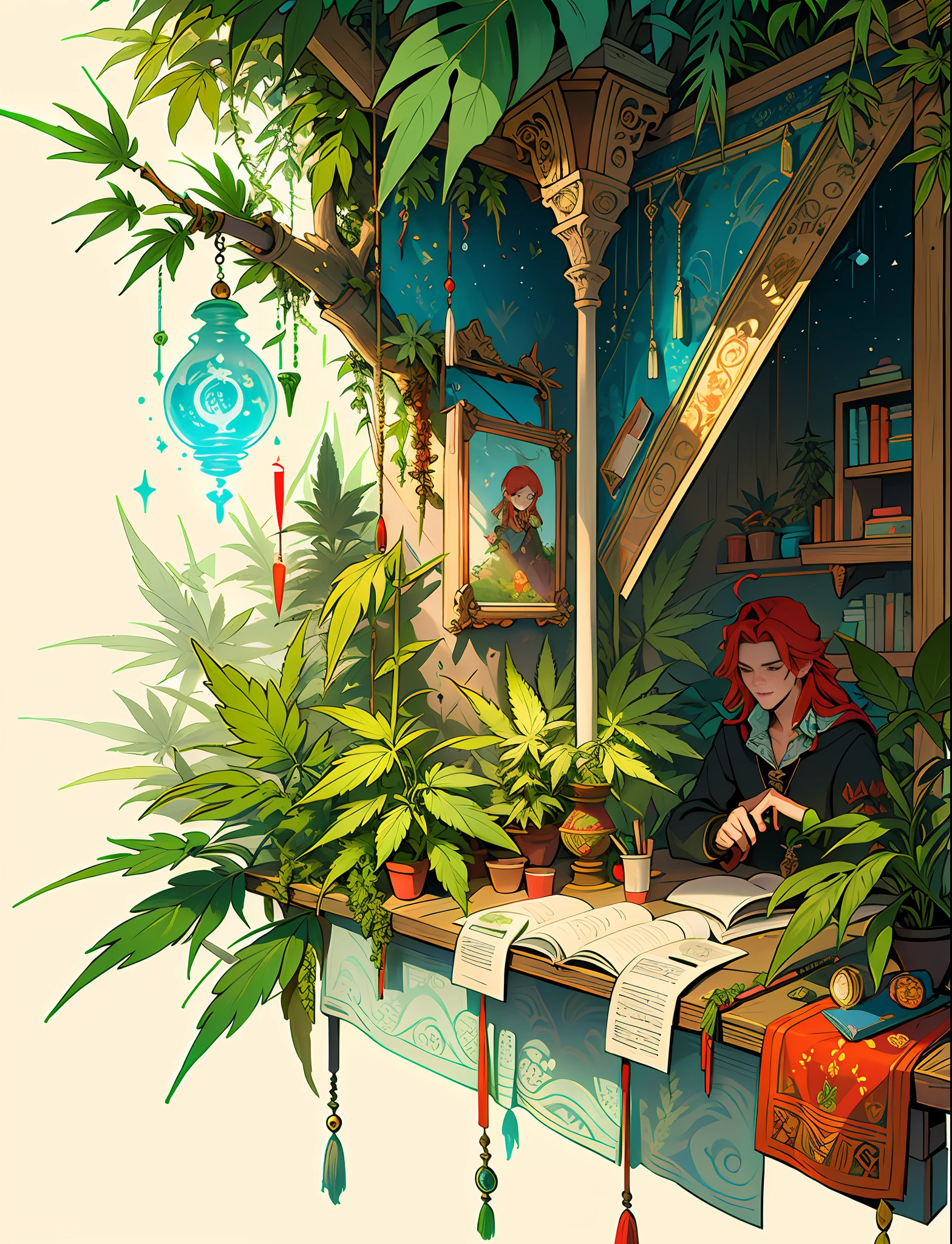 Close up closeup Hemp, leaf, ?????????, ???????? cone, ((illustration)), colorful, wallpaper, energy, secret, magical environment, magical environment, magic wand, books, pages flying in the sky, omniscience, prediction of the future, understanding the past, frost magic, spells, red hair, long hair, --v 6