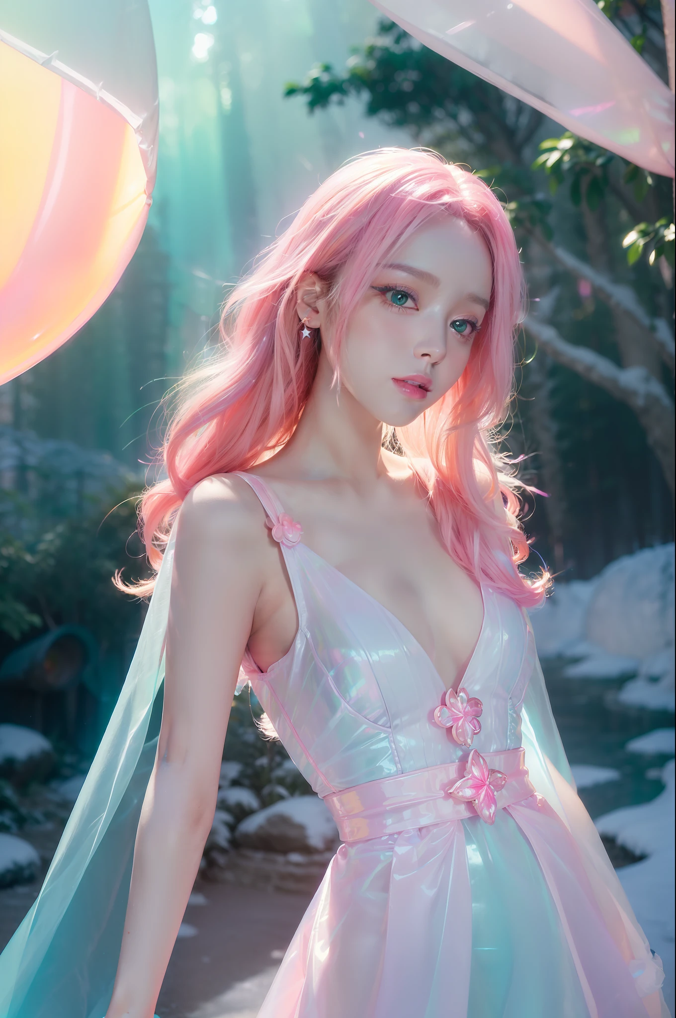 (fluorescent colors:1.4),(translucent:1.4),(retro filters:1.4), (fantasy:1.4), candy world Disney land ethereal soft fluffy soft landscape forest snowavatar Pastel pink sky green blue sparkle ethereal light pastel whimsical light rainbow stars diamonds sparkle gemstone background hyper realistic Ultra quality cinematic lighting immense detail Full hd painting Well lit,