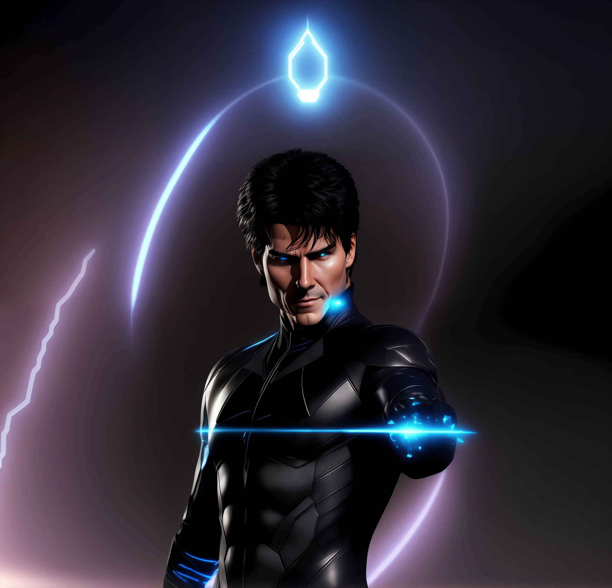 a close up of a man in a suit with a glowing halo, tom cruise as kenshiro, krypton, fan art, john park, barclay shaw 8 k photorealistic, 3 d render character art 8 k, promotional render, ray trace 4k, this character has cryokinesis, ray trace 4 k, glowing black aura, scifi character render
