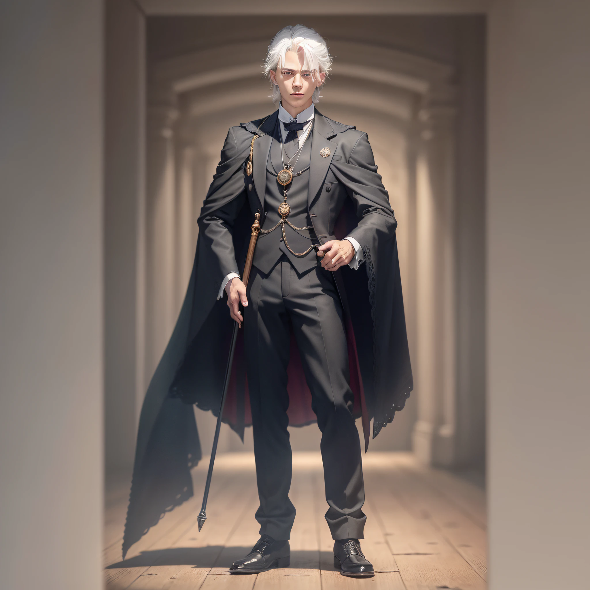 "In the dark, a 15-year-old white-haired young gentleman wearing a black robe and holding a cane, with Western-style architecture in the background. He hangs a pocket watch, his hair is handsome, his yellow skin, his feet are wearing boots, and his cold demeanor shows his domineering. His eyes are unique, one of which is red and the other is blue, making him even more mysterious. " --auto --s2