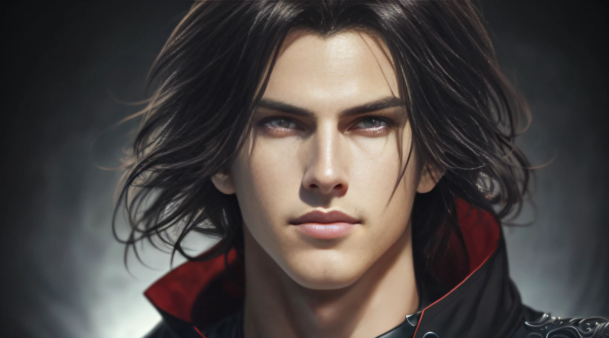 (CG 8k wallpaper extremely detailed, masterpiece, best quality, ultra-detailed), dynamic pose, a stunning and beautiful young man, (dark far hair, a hint of smile, piercing eyes), dramatic shadows, dark atmosphere.