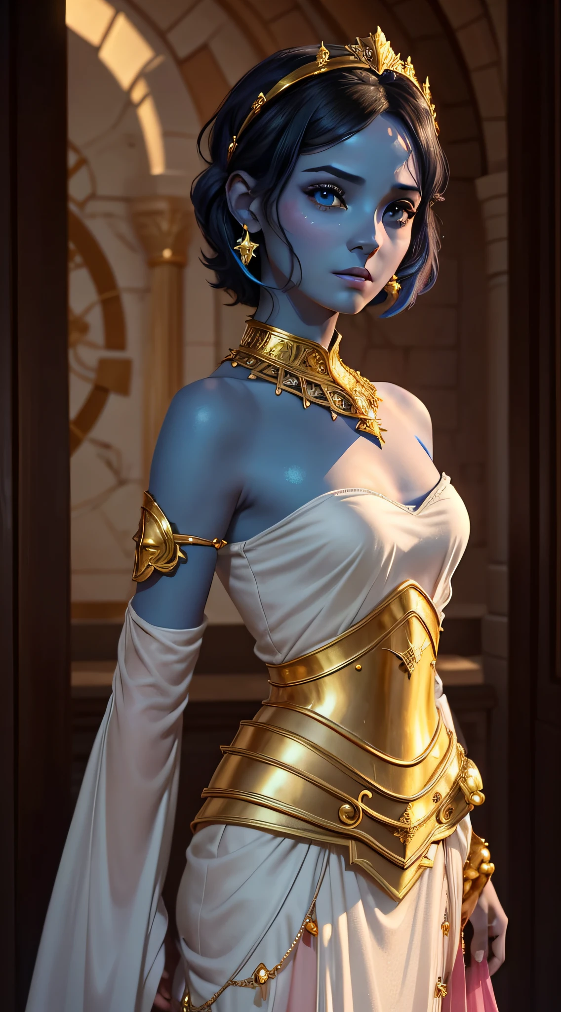 A woman, (((solo))), (40 years, blue skin: 1.15, small luminous dots on the skin like stars, pink eyes, short black hair), (Arabic features, thin face, small eyes), (wears a golden armor, with a long white and pink dress, diadems of precious stones on her head, wears earrings of gems), (is in a castle of marble and gold), maga RPG, closeup