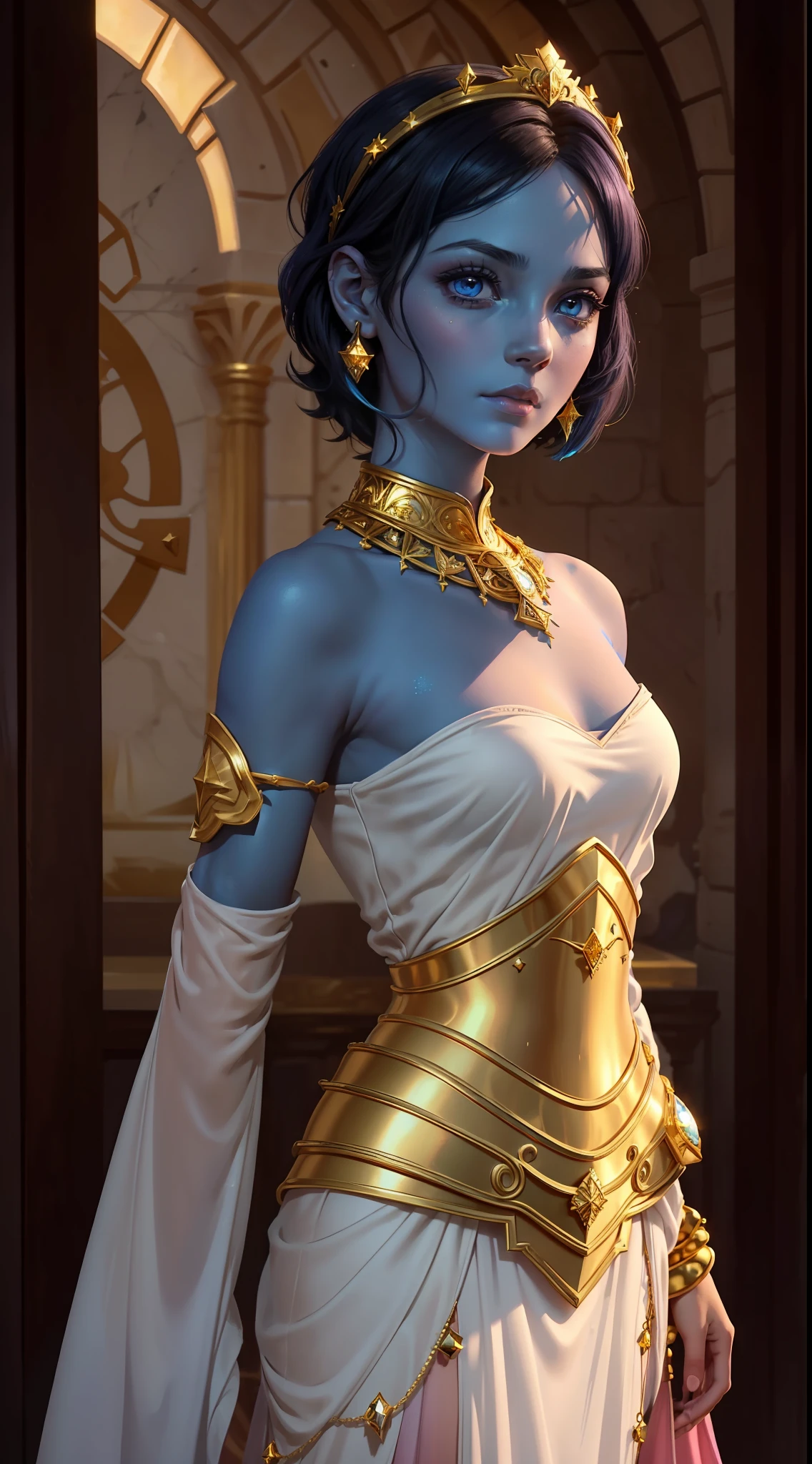A woman, (((solo))), (40 years, blue skin: 1.15, small luminous dots on the skin like stars, pink eyes, short black hair), (Arabic features, thin face, small eyes), (wears a golden armor, with a long white and pink dress, diadems of precious stones on her head, wears earrings of gems), (is in a castle of marble and gold), maga RPG, closeup