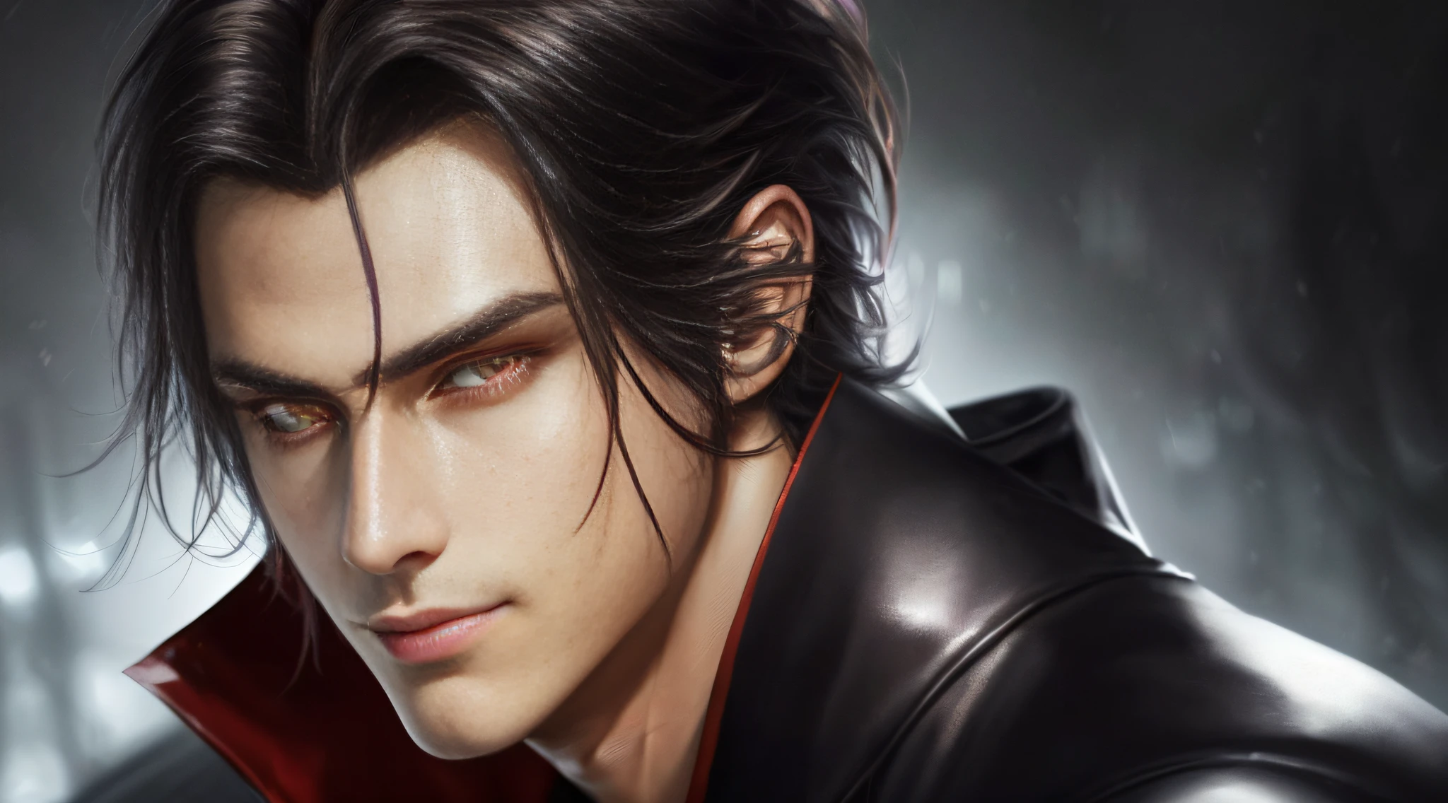 (CG 8k wallpaper extremely detailed, masterpiece, best quality, ultra-detailed), dynamic pose, a stunning and beautiful young man, (dark far hair, a hint of smile, piercing eyes), dramatic shadows, dark atmosphere.