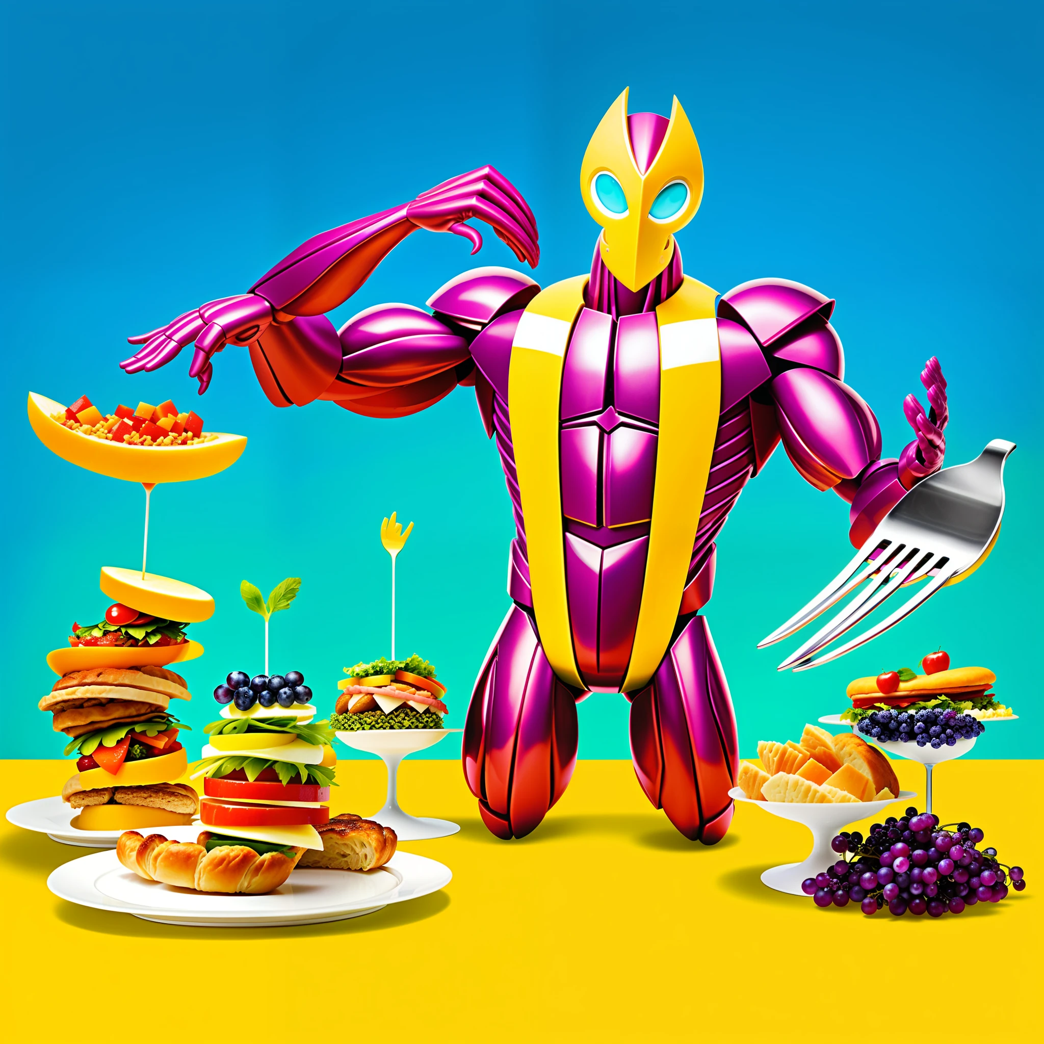 Hungry Eyes takes the form of a tall, slender human figure with a commanding presence. Your body is made up of a flexible, shiny armor made of exotic foods. His face mask is elegant and has leaky eyes, conveying an expression of curiosity and hunger.
The foods that make up the armor are varied and colorful, creating a vibrant and eye-catching appearance. We can visualize fruits, such as apples, grapes and bananas, mixed with breads, including croissants and baguettes. In addition, we see pieces of meat, such as chops and steaks, intertwined in the structure of the Stand.
Hungry Eyes' hands have sharp, cutlery-like claws that add a distinctive touch to their appearance. Their feet end in fork-like shapes, reinforcing the connection to the food theme.
While the Stand is in action, he is able to summon massive amounts of food around him. We can imagine these foods floating around them, in an almost ethereal representation. The Stand user can manipulate the properties of these foods, shaping them into amazing destination paths.
The paths created by Hungry Eyes are three-dimensional and highly flexible. They can bend, twist and stretch in unexpected ways, providing a wide range of possibilities for the user. These destination paths can resemble intricate food trails, snaking through the air and forming complex structures.
Overall, the visual representation of Hungry Eyes would be an impressive mix of vibrant colors, food textures, and unusual shapes. This image would reflect the unique and creative nature of the Stands in JoJo's Bizarre Adventure, and convey a sense of power and unpredictability.