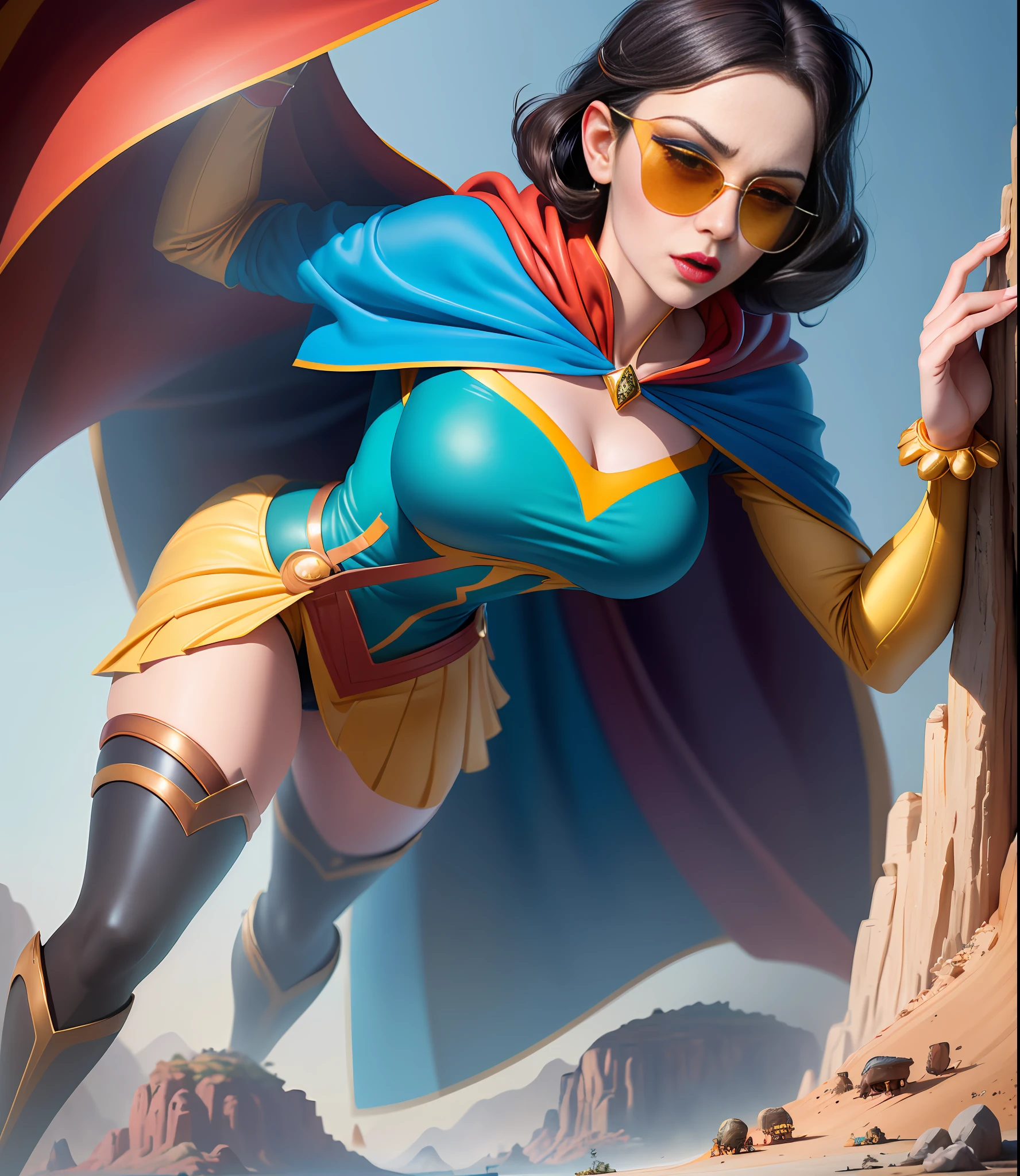 giant, giant art, ((imposing on you))), (full body), A stunning digital painting of (Emma Stone: 1.4), masterpiece, best quality, high detail, (Like Snow White, wearing her iconic blue and yellow dress with a red cape, vibrant colors, detailed environment, evocative of the classic style of animation, high resolution, capturing the magic of the beloved film.:1.5), (in the style of Roger Dean:1.3),(A pair of bold, retro-inspired sunglasses that protect your eyes from the sun while simultaneously adding a touch of glamour to your overall look.:1.6),epic fantasy character art, concept art, fantasy art, a character portrait, fantasy art, high vibrant contrast, trend in ArtStation, dramatic lighting, ambient occlusion, volumetric lighting, emotional, Deviant-art, hyper detailed illustration, 8k, beautiful lighting, vamptech, rifle, android, using excessive makeup, Blush, Mascara, eyebrow pencil, eyeshadow, eyeliner, lip liner, lip gloss, (dramatic eyelashes: 1.3), cut crease, Ombre lips, graphic eyeliner, extreme makeup, eye shadow, lipstick, excessive makeup