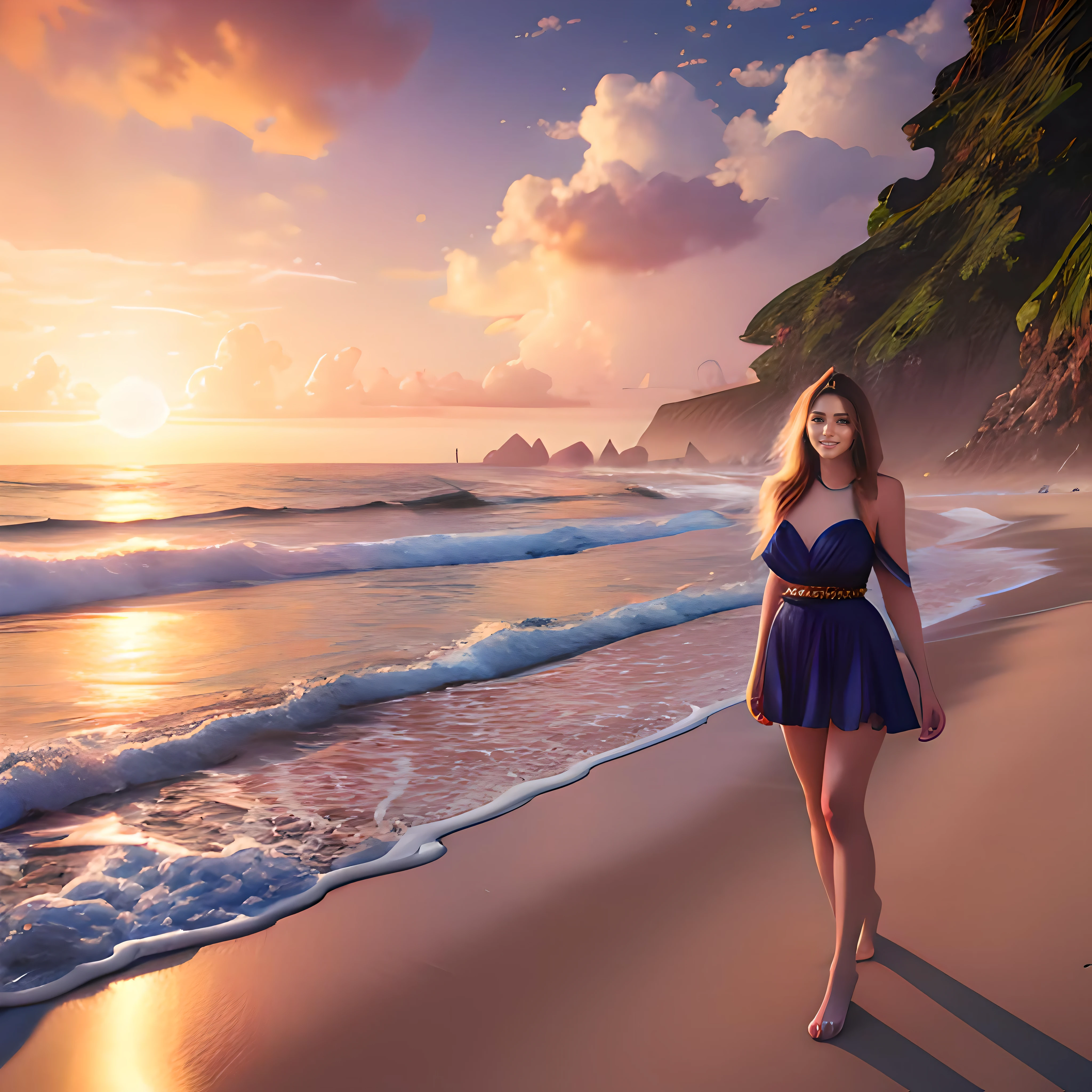 Masterpiece landscape, beautiful woman standing on beautiful beach with waves crashing, colorful sunset, extremely detailed, high quality, ((octane render, unreal engine, HDR)) rich colors, smiling