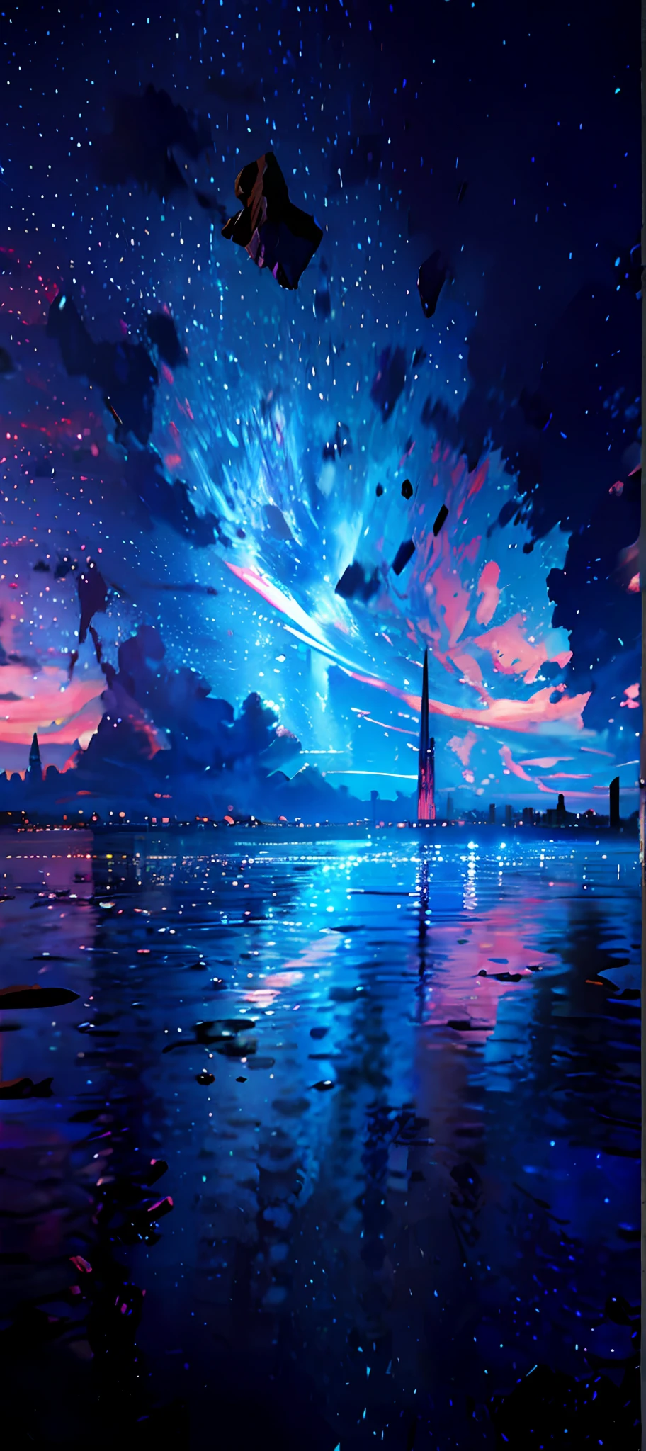 towers of god, blue towers, violet, blue, red, god, red sky, violet sky, starry sky, stars, starry towers, starry god, light blue, civilization, order