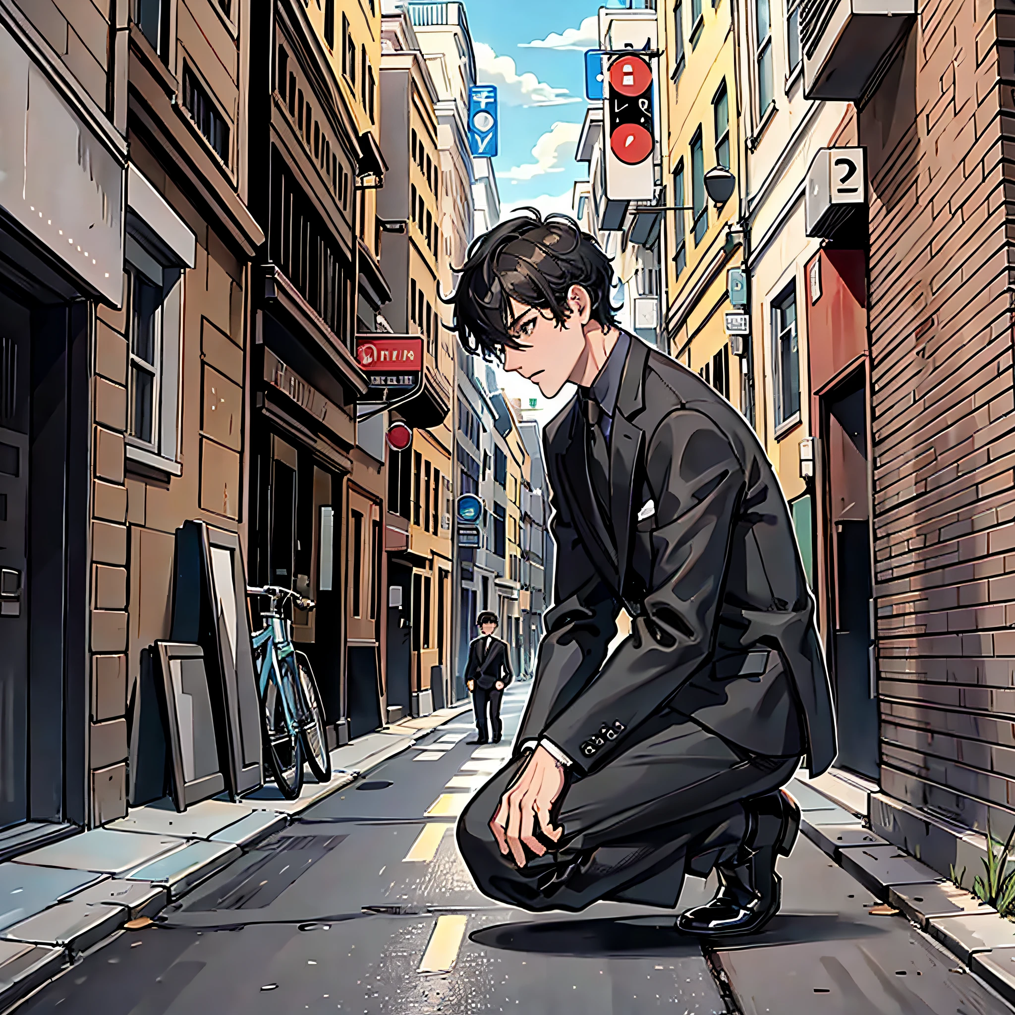 1 man (black suit, short hair on the side) kneeling, head bowed, street in the background