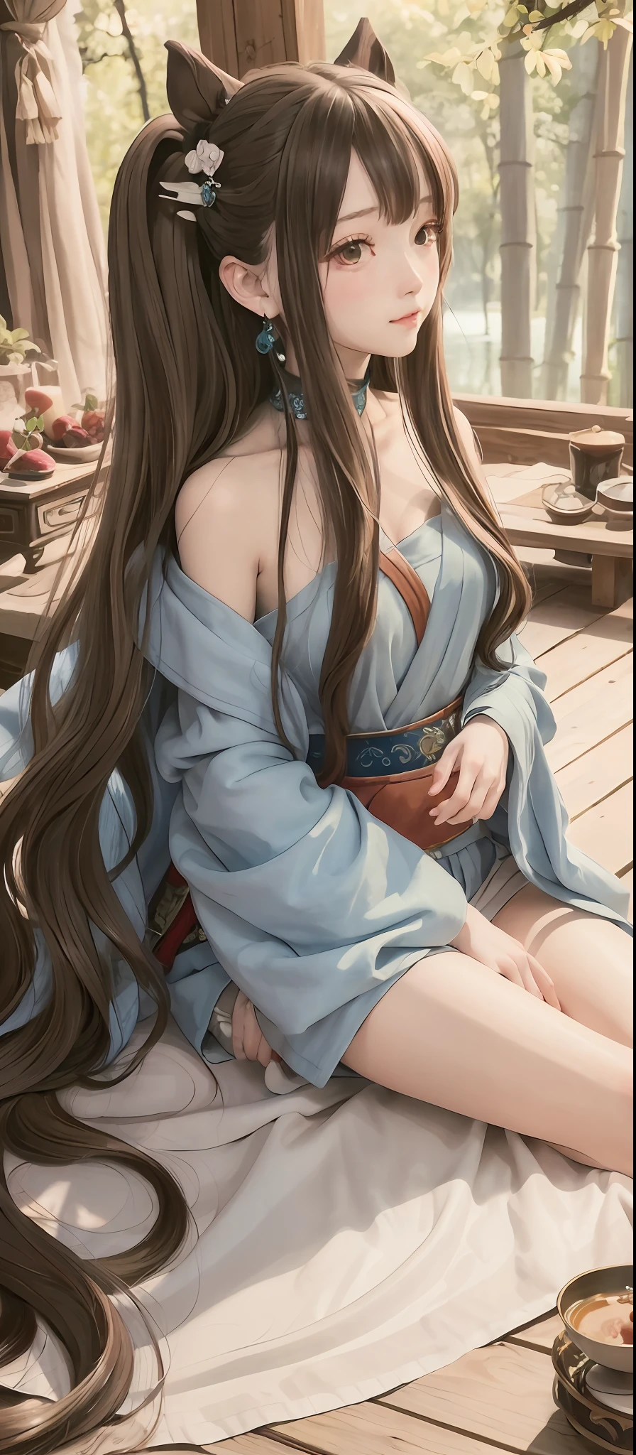 masterpiece, best quality, official art, 8k wallpaper, highly detailed, illustration, 1 girl, Azure hair, long hair, detailed eyes, forrest, bare shoulders, hanfu,lakes, pure, soft smile,bamboo,Tea