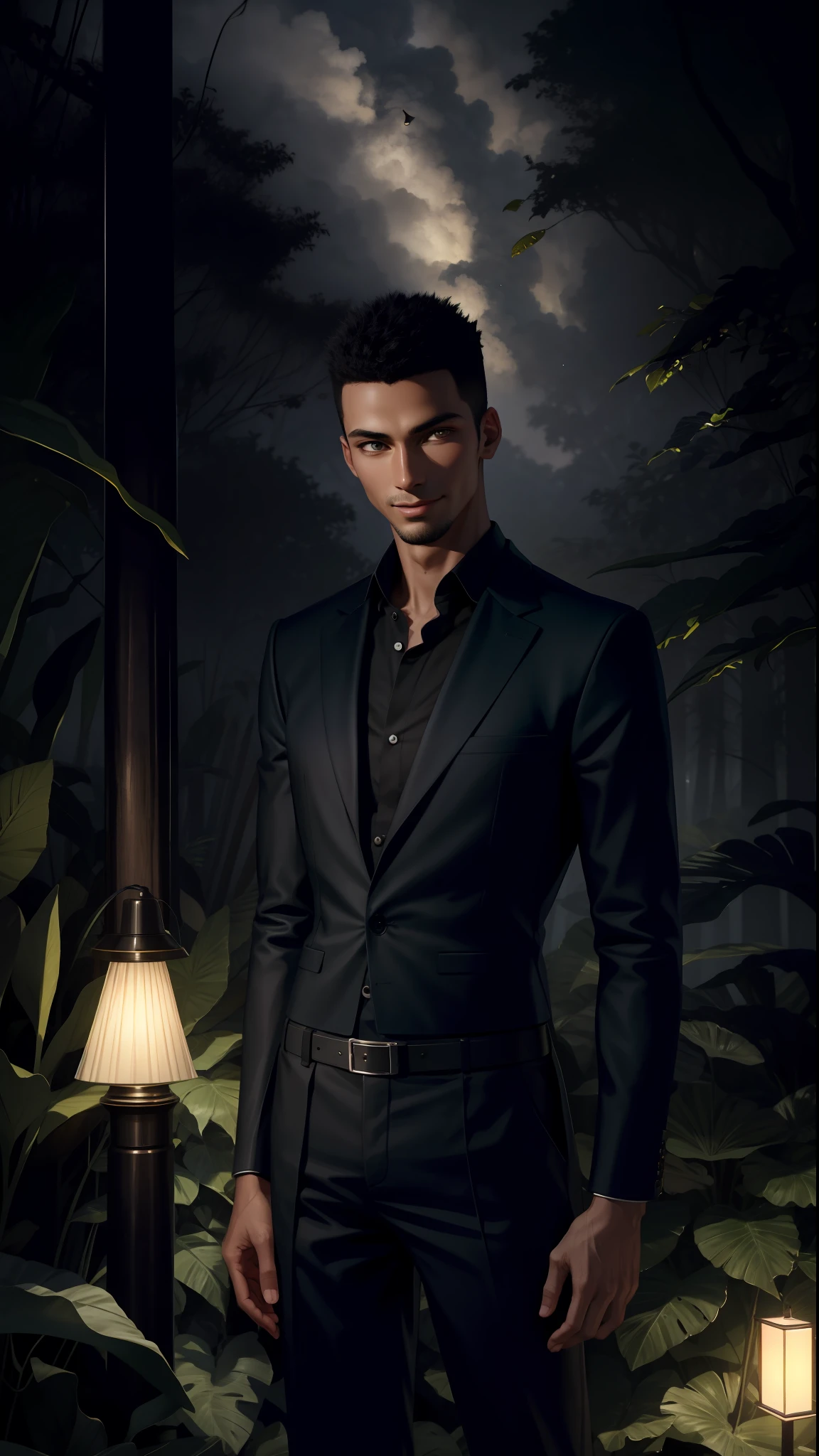 Best Quality, Masterpiece, High Detail, Realistic, High Definition, Software engineer, Tall Body, slim fit Figure, man in the Forest, Jungle, Africa, Ancient, Night, smart causal, happy. , making an happy face, making an face, lamp, very little light, very dark, very dark, no light, foggy, black skin