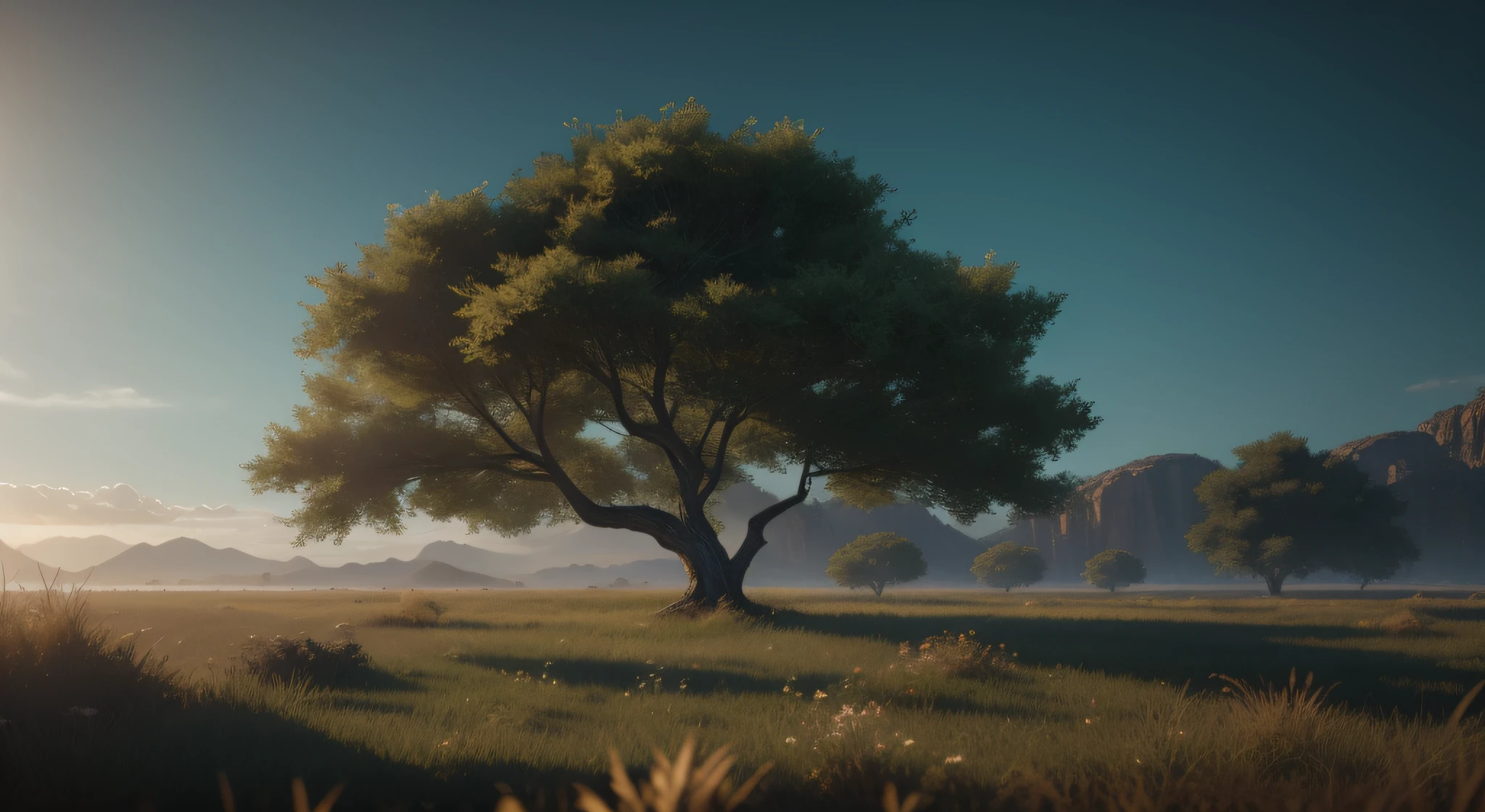 a Tree, solitary, in a green field, 8k, RAW photo, best quality, masterpiece: 1.5, ultra high resolution, realistic photo: 1.5, cinematic light, soft volumetric lighting: 1. 5, realistic, realistic photo: 1, detailed skin, professional lighting, photography, sharp focus, detailed, professional lighting, photon mapping, intricate detailed environment, highly detailed, best quality, artistic photography, photorealistic concept art, natural volumetric perfect cinematic soft light, realistic face ulta high resolution, MIDJOURNEY