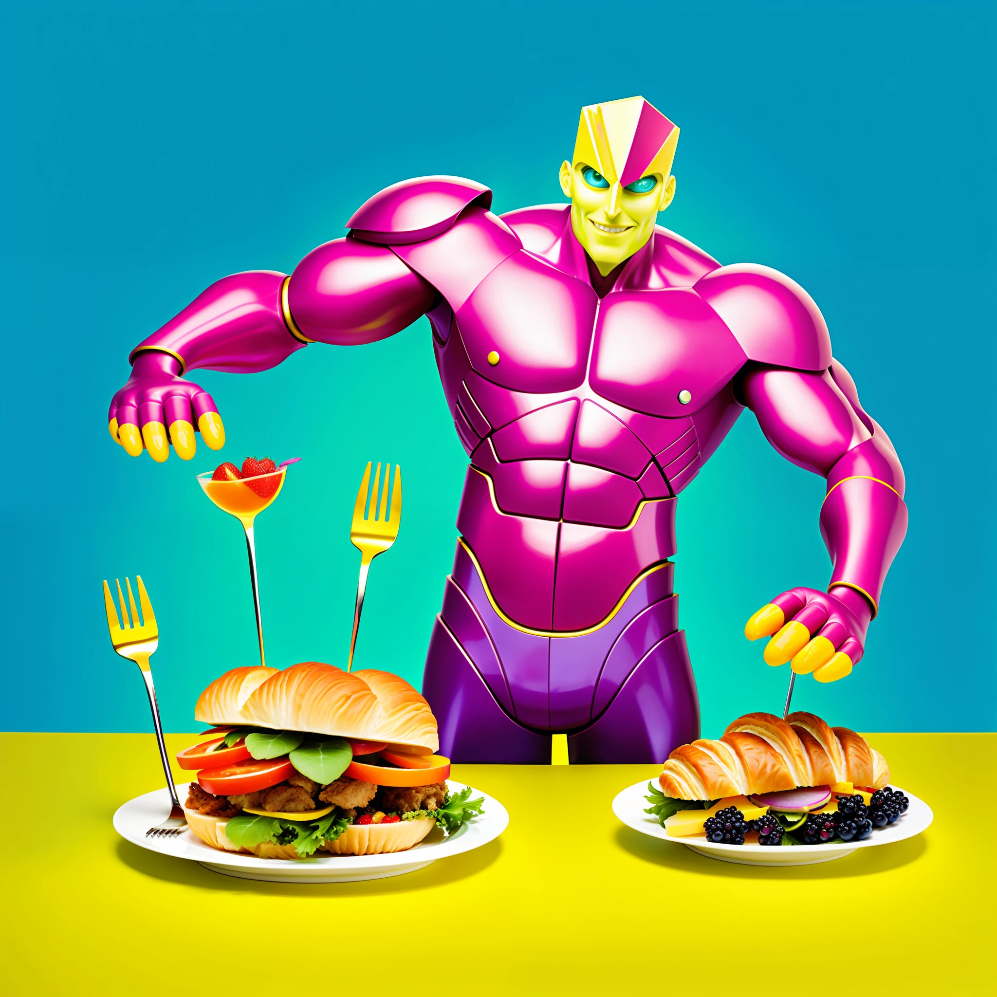 Hungry Eyes takes the form of a tall, slender human figure with a commanding presence. Your body is made up of a flexible, shiny armor made of exotic foods. His face mask is elegant and has leaky eyes, conveying an expression of curiosity and hunger.
The foods that make up the armor are varied and colorful, creating a vibrant and eye-catching appearance. We can visualize fruits, such as apples, grapes and bananas, mixed with breads, including croissants and baguettes. In addition, we see pieces of meat, such as chops and steaks, intertwined in the structure of the Stand.
Hungry Eyes' hands have sharp, cutlery-like claws that add a distinctive touch to their appearance. Their feet end in fork-like shapes, reinforcing the connection to the food theme.
While the Stand is in action, he is able to summon massive amounts of food around him. We can imagine these foods floating around them, in an almost ethereal representation. The Stand user can manipulate the properties of these foods, shaping them into amazing destination paths.
The paths created by Hungry Eyes are three-dimensional and highly flexible. They can bend, twist and stretch in unexpected ways, providing a wide range of possibilities for the user. These destination paths can resemble intricate food trails, snaking through the air and forming complex structures.
Overall, the visual representation of Hungry Eyes would be an impressive mix of vibrant colors, food textures, and unusual shapes. This image would reflect the unique and creative nature of the Stands in JoJo's Bizarre Adventure, and convey a sense of power and unpredictability.