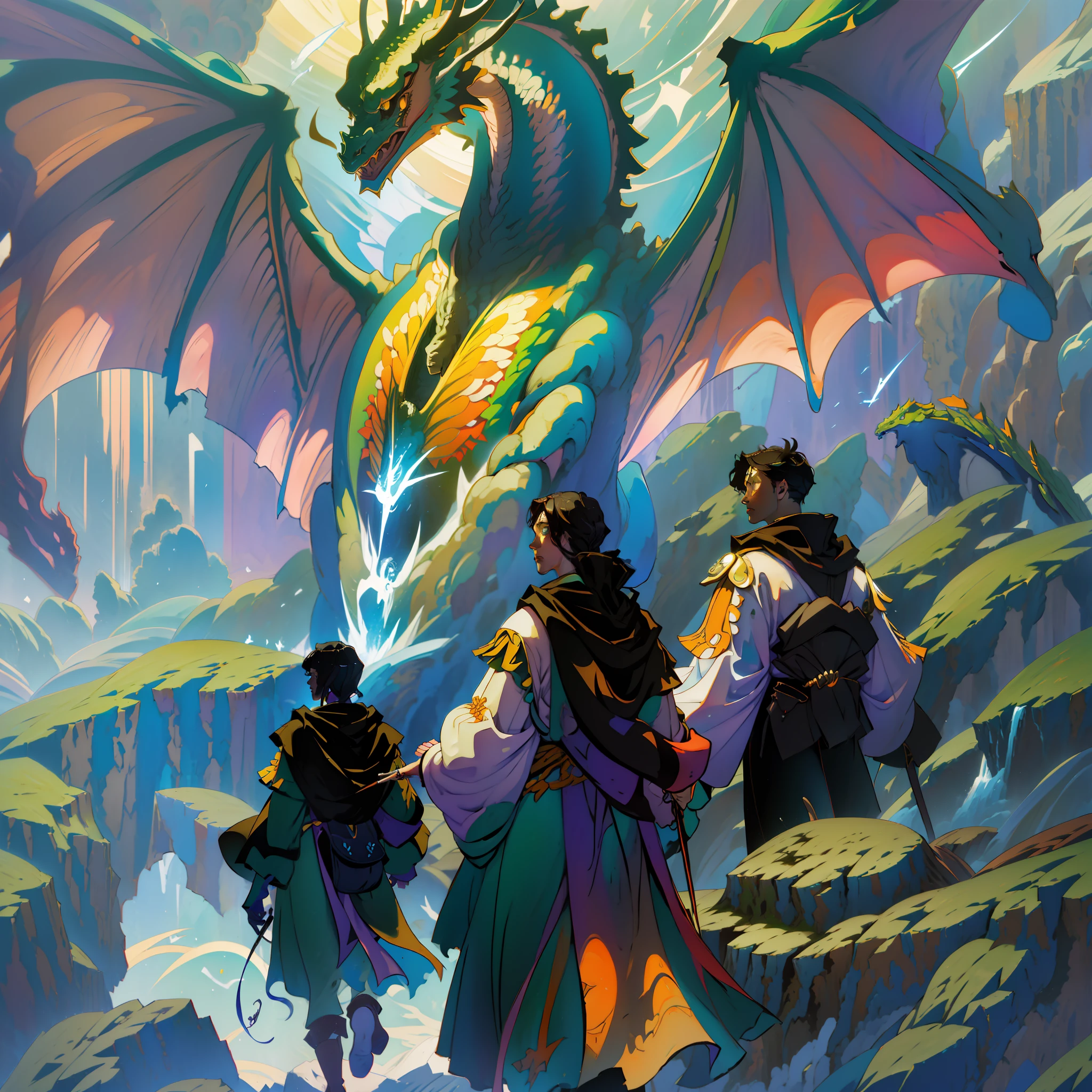 Subject Description: A group of gamers wearing virtual reality headsets and holding gaming controllers are immersed in the "Fantasy Area" of Wander Games. The gamers are exploring surreal universes filled with magical landscapes, mythical creatures, and breathtaking architecture. Some gamers are battling fierce dragons, while others are solving puzzles in enchanted forests.

Type of Image: Photorealistic digital illustration.

Art Styles: Realism, Fantasy, Surrealism.

Art Inspirations: Art Station's fantasy illustrations, works by renowned fantasy illustrators like John Howe and Alan Lee.

Camera: Steady-cam.

Shot: Medium shot.

Render Related Information: High-resolution (4K) image with highly detailed textures and realistic lighting. Volumetric light beams through the virtual reality headsets, adding to the immersive atmosphere.