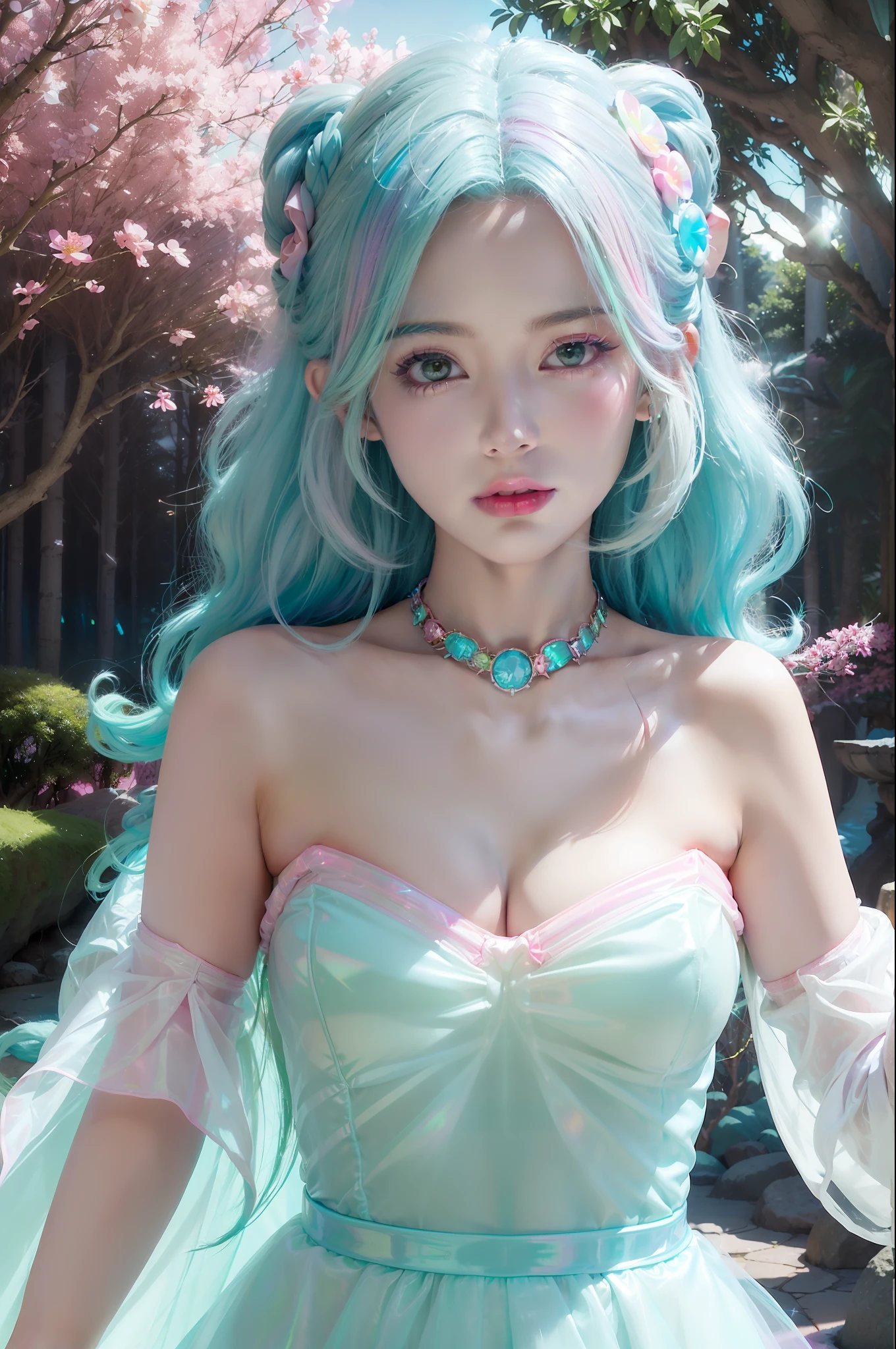 (fluorescent colors:1.4),(translucent:1.4),(retro filters:1.4), (fantasy:1.4), candy world Disney land ethereal soft fluffy soft landscape forest snowavatar Pastel pink sky green blue sparkle ethereal light pastel whimsical light rainbow stars diamonds sparkle gemstone background hyper realistic Ultra quality cinematic lighting immense detail Full hd painting Well lit,