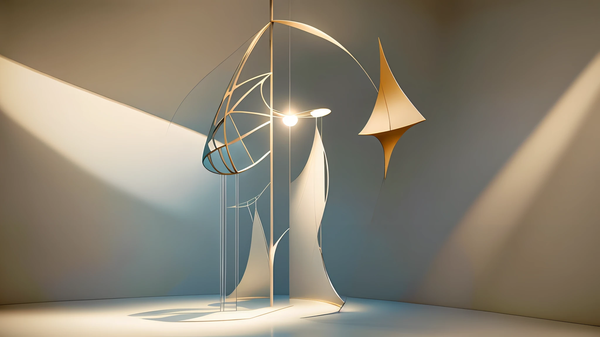 Wing shape, enlarged composition, highlight wings for best quality, artwork by Alexander Calder, Leonardo da Vinci, outdoor, soft, object, luminescence, installation art, pole connected to pole, tilted, pole top is ball, balanced --auto --s2