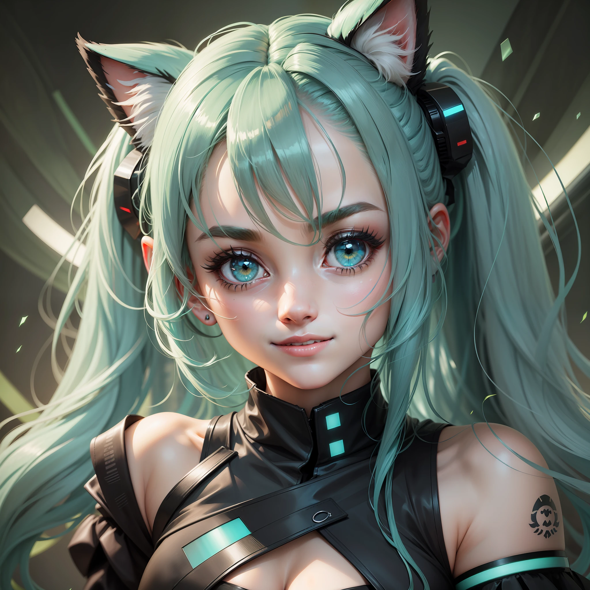 female hands, young girl, cat, furry, [[[[[closeup]]]], [[[[chest]]]], [[[[neck]]]], [[[shoulders]]], [[full head ]]], perfect eyes, perfect iris, perfect lips, perfect teeth, perfect skin, soft front light, brightness, HDR (soft colors: 1.2), short skirt, light blue hair, bangs, twintails, long hair, green eyes, surprise, black skirt, dark gray blouse, green tie, hatsune miku, dilated pupils, latex boots, cinematic lighting,  smile, closed mouth, green details on clothing, artwork, best quality, numerical tattoo on arm in red color --auto --s2
