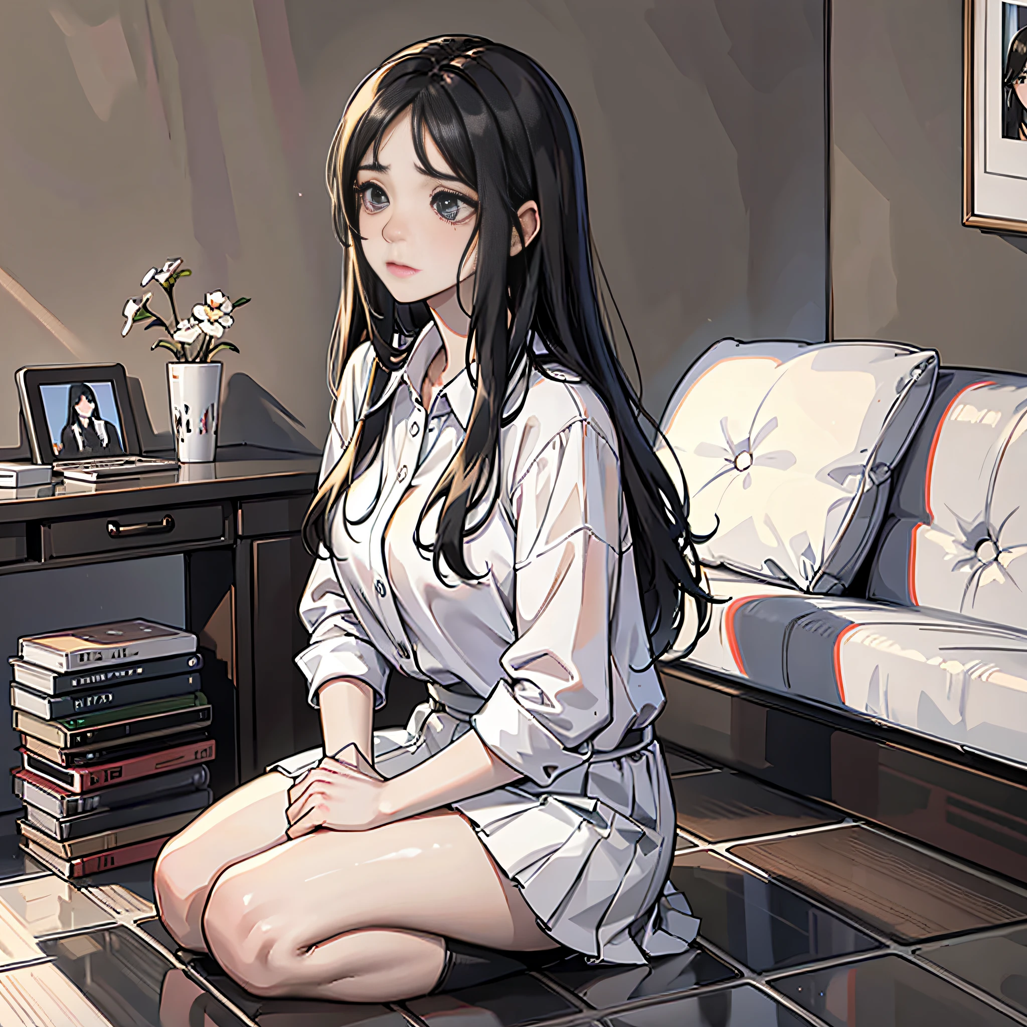 1 woman, long black hair, white skirt, living room in the background, sad, teary eyes