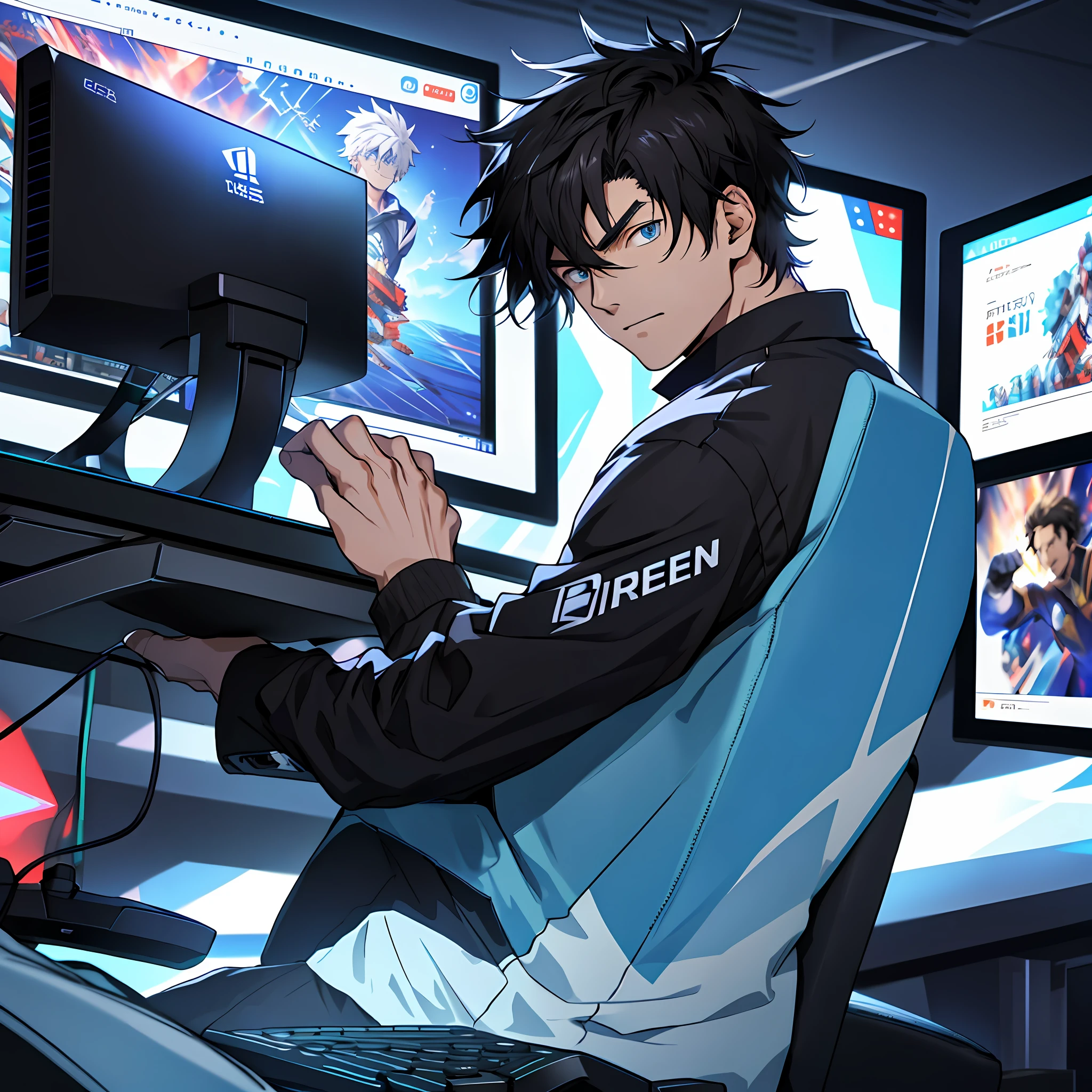 Best quality: 1.0), (Super High Resolution: 1.0), Anime boy, short black hair, blue eyes, sitting in front of computer playing games, background in esports room,