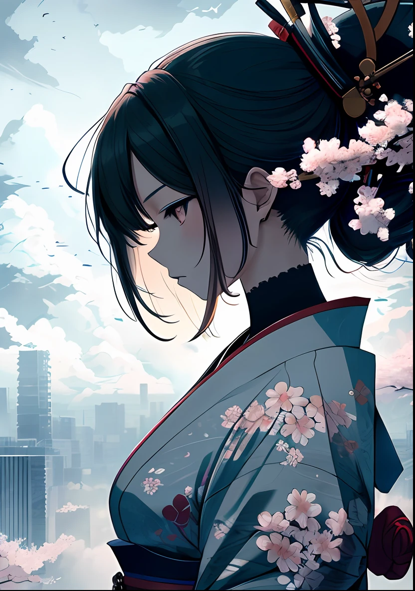Roppongi, samurai, whole body, ako roninshi, distant view, from afar, near future, futuristic city, mohri garden, cherry blossoms, masterpiece, highest quality, intricate detail, absurdity, soft lighting, very elaborate, elaborate detail, cinematic, realistic background, high resolution, film particles, surreal, high resolution, drone, realistic lighting, beautiful graphics, vision (wide angle lens), ultra high resolution ( Realism: 1.4), super high quality, create minimalist designs that focus on realism, high detail, detail enhancement, magnificent clouds, fantasy clouds, clean lines, simple shapes, composition and balance, capture low-light images that focus on subtle details and atmosphere of the scene, with minimal lighting, Inspired by the beauty of Japan ukiyo-e prints, create images with delicate lines, flat colors, and an emphasis on patterns and compositions