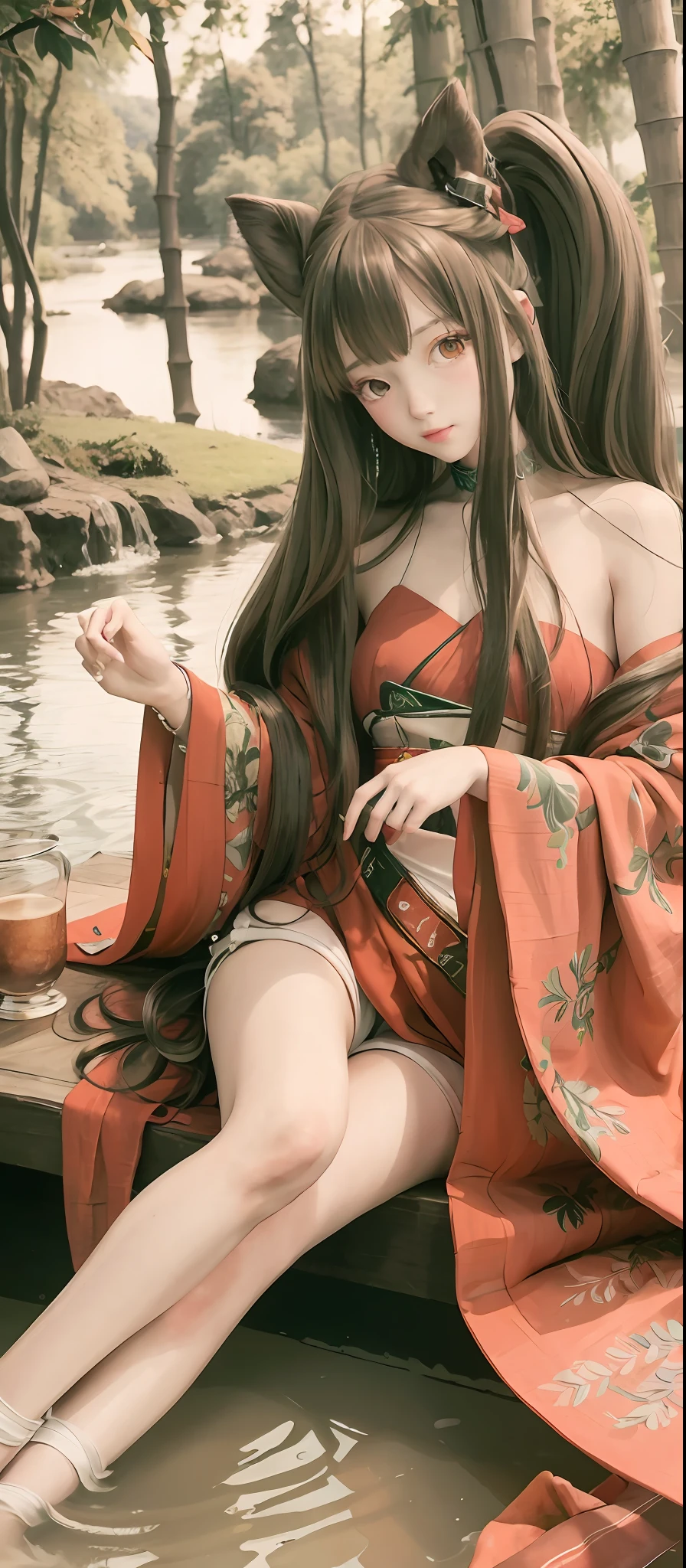 Masterpiece, best quality, official art, 8k wallpaper, very detailed, illustration, 1 girl, long hair, detailed eyes, bare shoulders, hanfu, lake, pure, soft smile, bamboo, tea