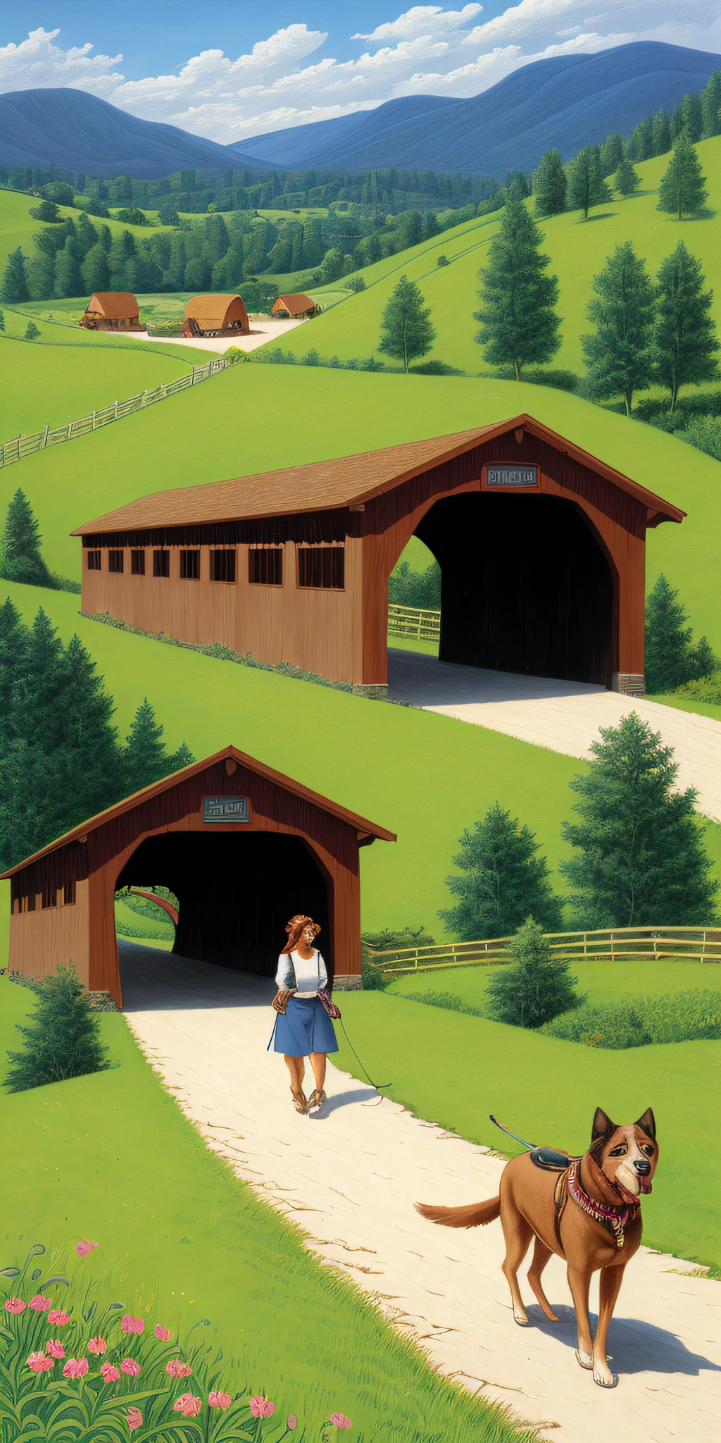 extremely detailed cartoon of woman walking her dog through covered bridge with hills in background by artist john sloane