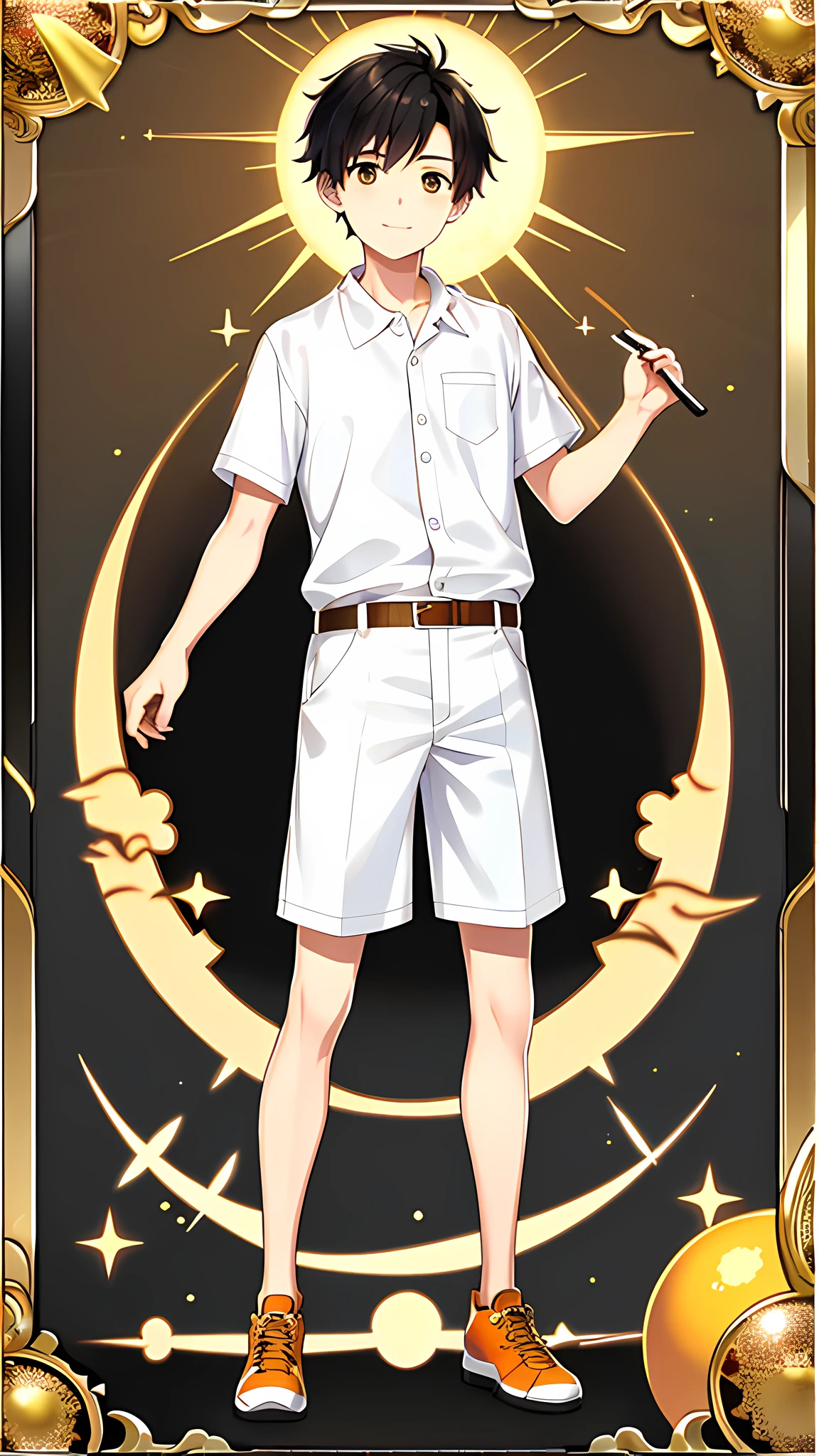 masterpiece, best quality, full body, card, 1 boy, the sun, happy, kind, freedom, short hair, black hair, brush cut, white shirt, standing,yellow, orange, red, boy