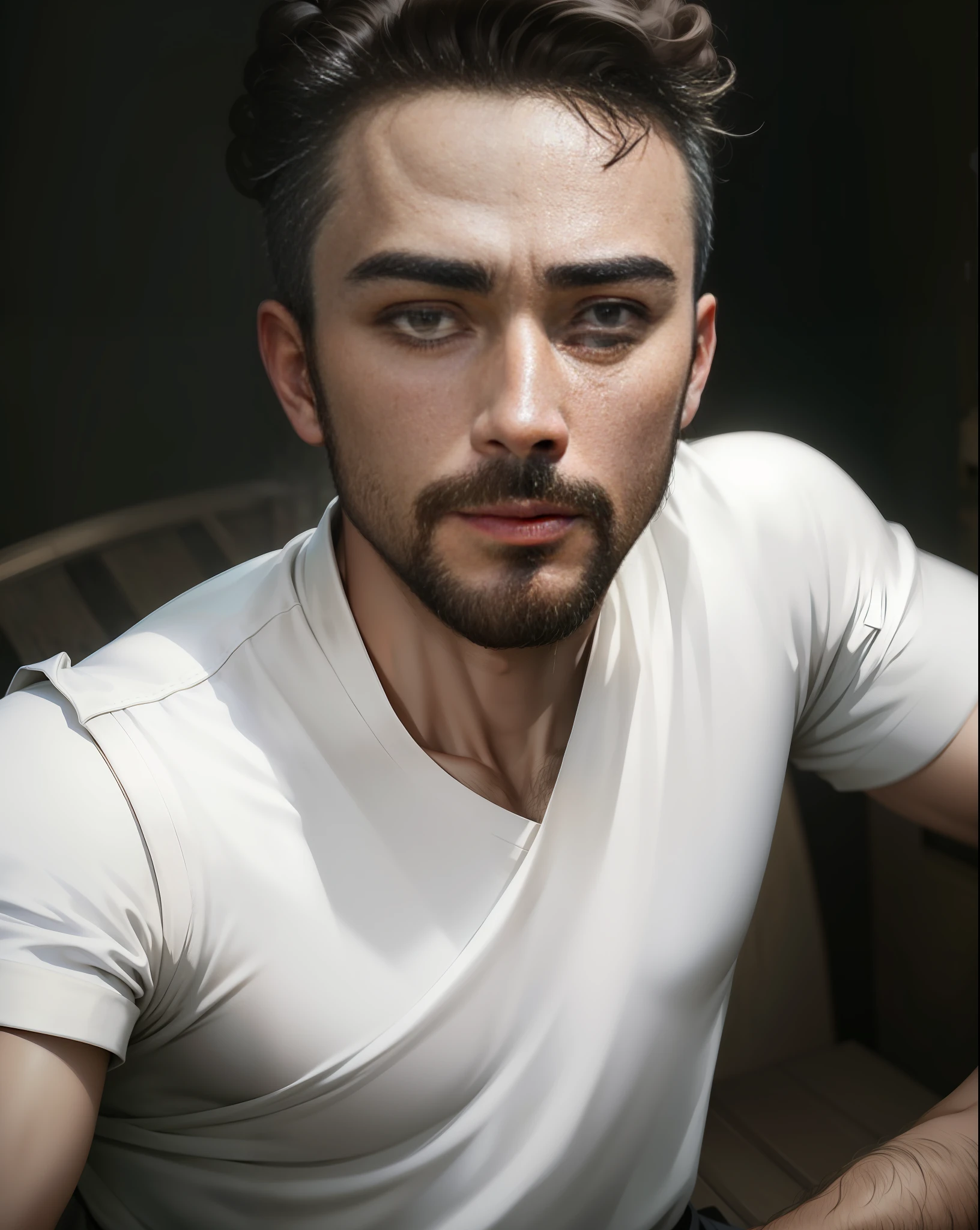 best quality, masterpiece, ultra high res, portrait, 4k, ultra hd, ultra realistic, ultra detailed, photorealism, (photorealistic: 1.4), raw photo, handsome manly man, Top Knot, wearing white tunic, night, moonlight, natural, white tunic, short hair, short hair, military hair, beard, detailed face textures,