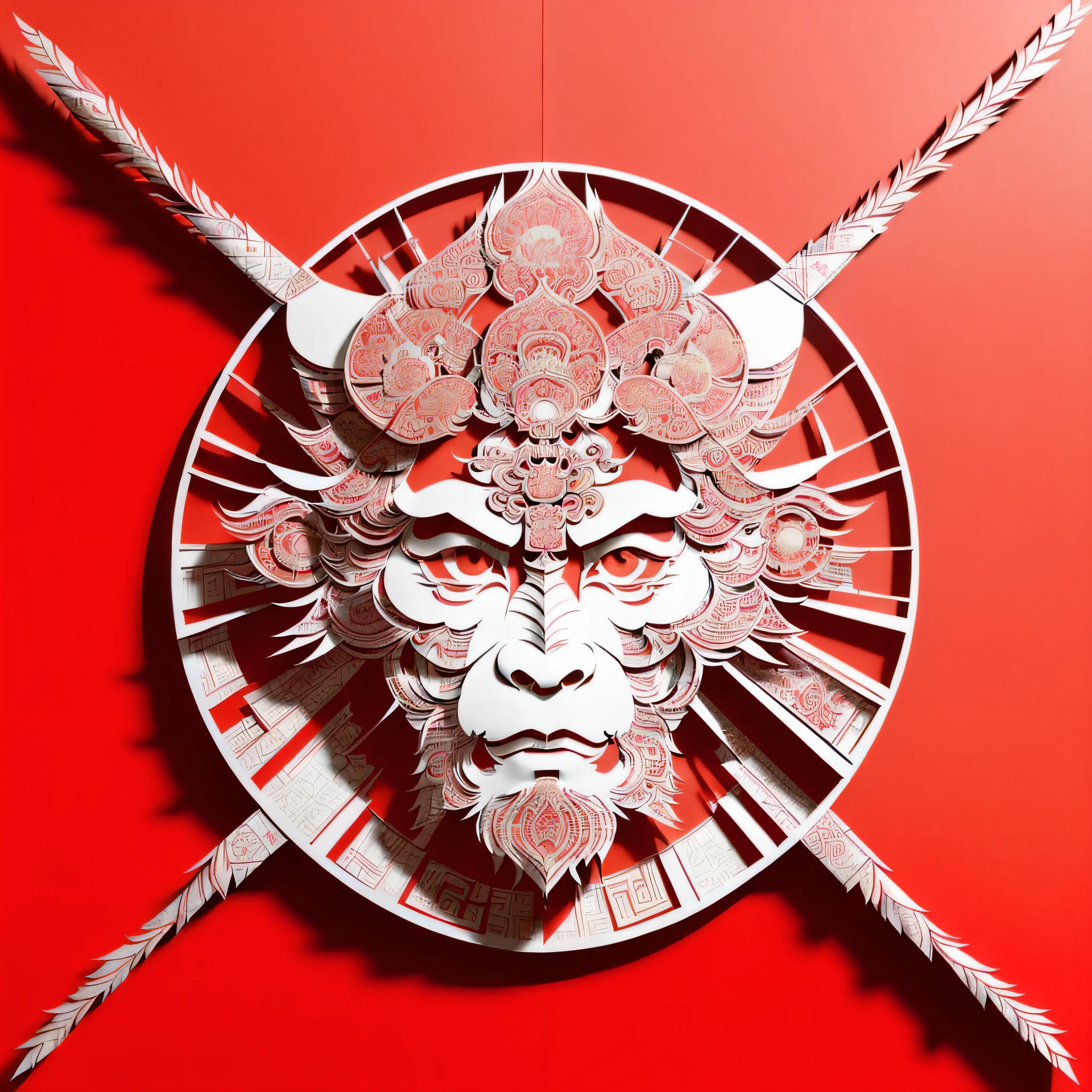 (((masterpiece))), best quality,
((Chinese paper-cut art of sunwukong)), ((Chinese paper-cut)), ((complicated paper-cut with many paper layers)), ((every paper layer with shadows)), (round red background paper), single color on each paper layer, front light, (((detailed handsome face))), monkey king, jingubang