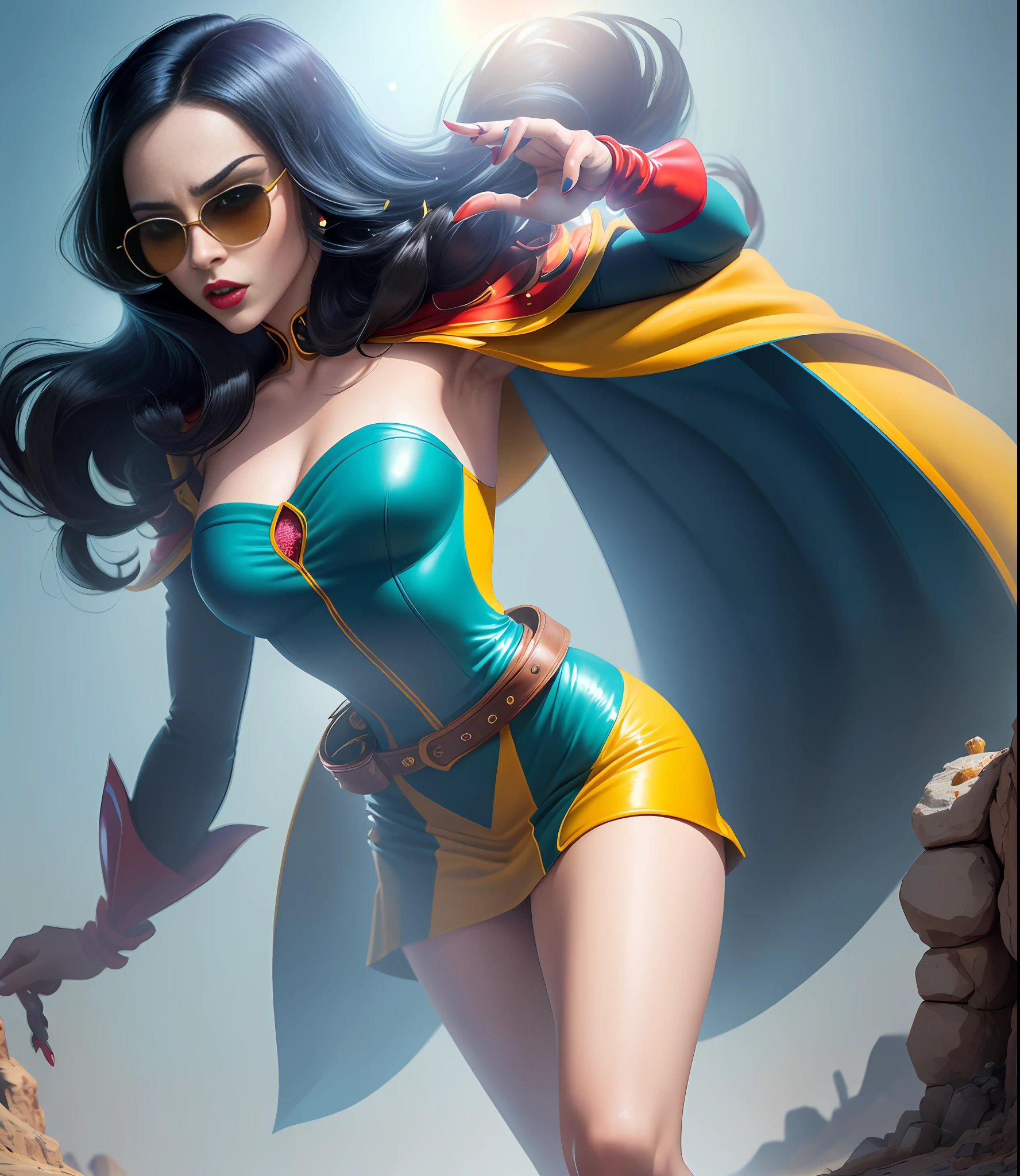 giant, giant art, ((imposing on you))), (full body), A stunning digital painting of (Emma Stone: 1.4), masterpiece, best quality, high detail, (Like Snow White, wearing her iconic blue and yellow dress with a red cape, vibrant colors, detailed environment, evocative of the classic style of animation, high resolution, capturing the magic of the beloved film.:1.5), (in the style of Roger Dean:1.3),(A pair of bold, retro-inspired sunglasses that protect your eyes from the sun while simultaneously adding a touch of glamour to your overall look.:1.6),epic fantasy character art, concept art, fantasy art, a character portrait, fantasy art, high vibrant contrast, trend in ArtStation, dramatic lighting, ambient occlusion, volumetric lighting, emotional, Deviant-art, hyper detailed illustration, 8k, beautiful lighting, vamptech, rifle, android, using excessive makeup, Blush, Mascara, eyebrow pencil, eyeshadow, eyeliner, lip liner, lip gloss, (dramatic eyelashes: 1.3), cut crease, Ombre lips, graphic eyeliner, extreme makeup, eye shadow, lipstick, excessive makeup
