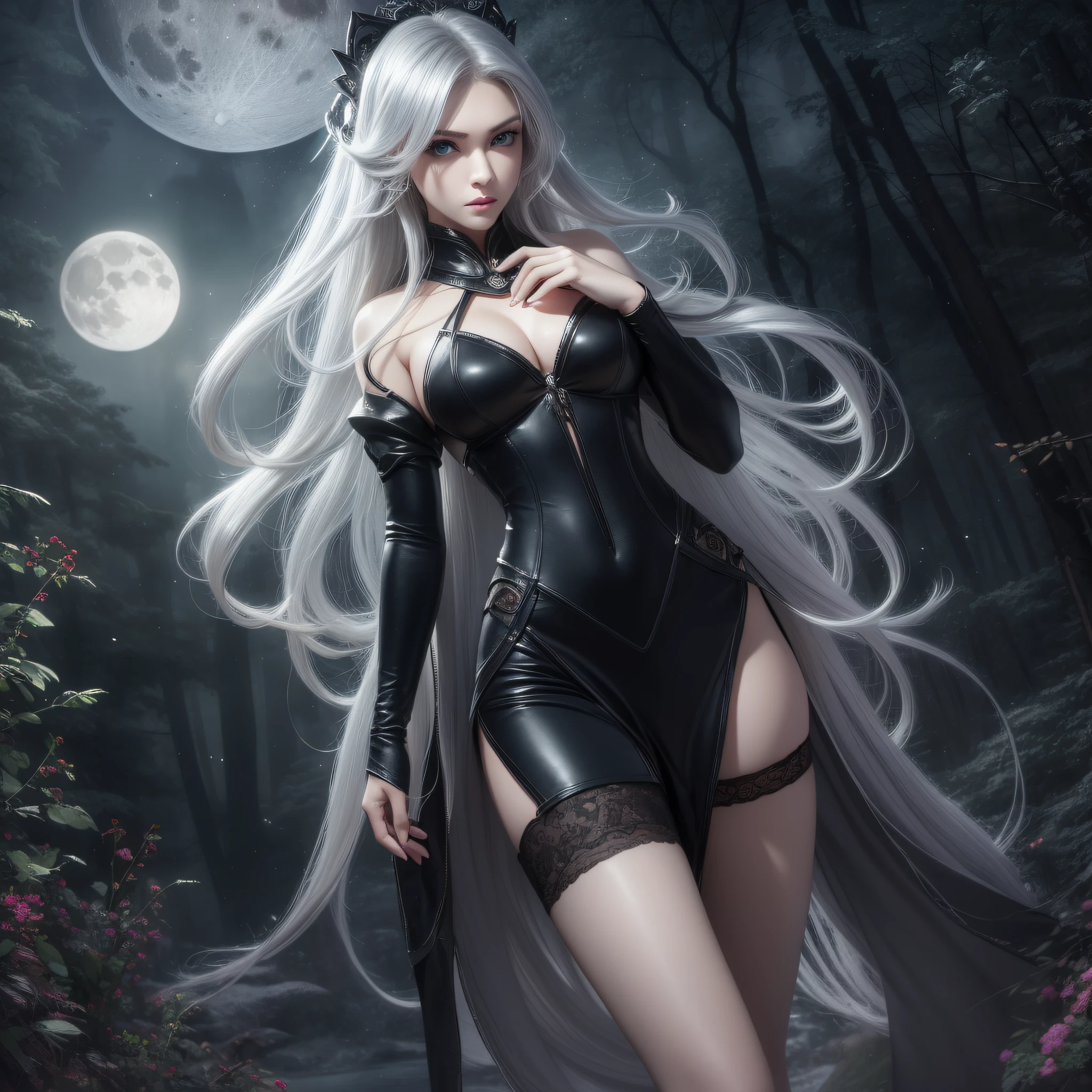 HDR (High Dynamic Range), ray tracing, NVIDIA, long-haired woman, slim figure, curves, leg length, delicate facial features, high nose bridge, big eyes, silver hair, feminine, sexy, black stockings, forest at night, moon, gorgeous dress, navel, black top, good fingers, perfect eyes, blue eyes, angry expression