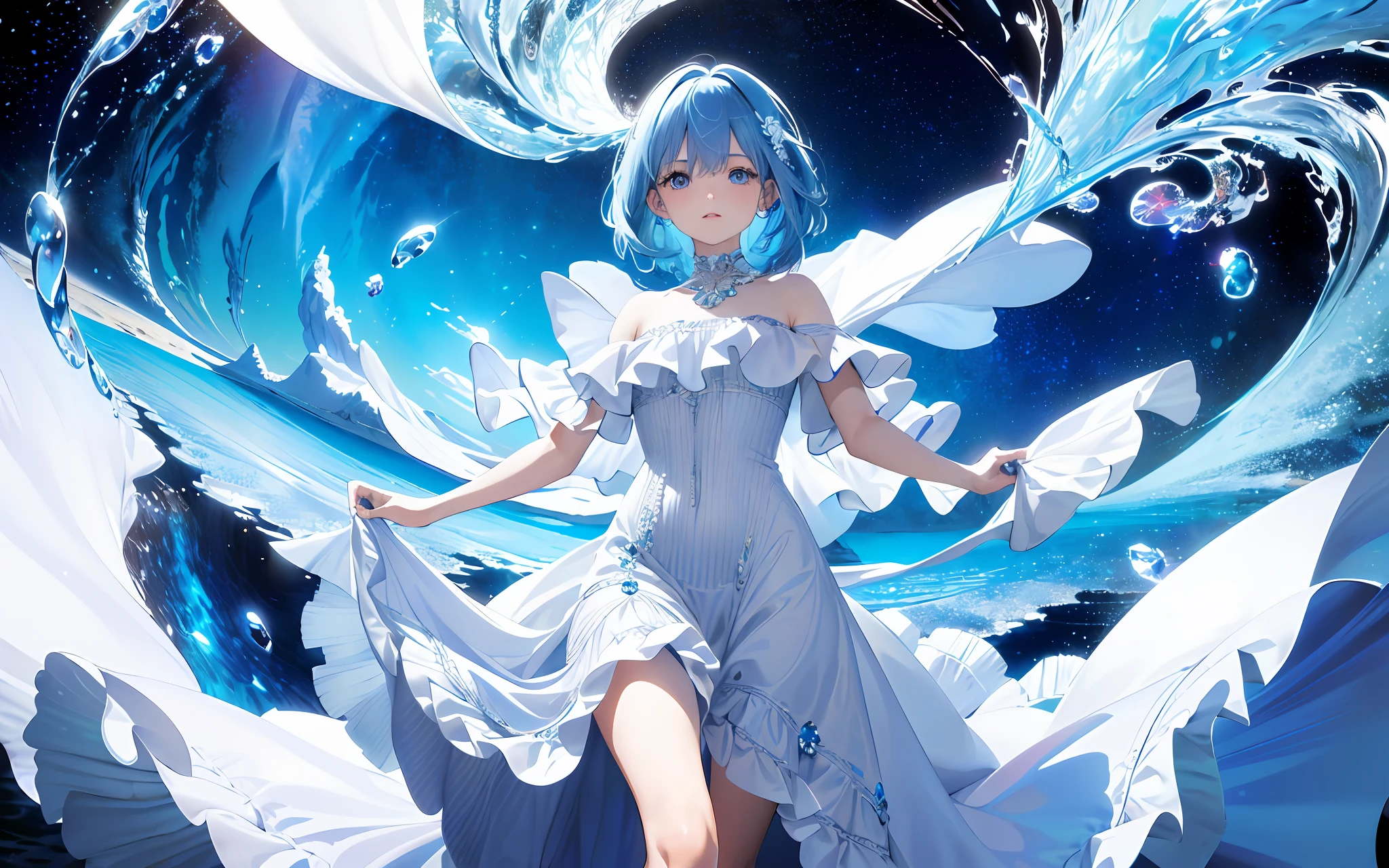 absurdres, highres, (official art, beautiful and aesthetic:1.2), (close view:1.15),
(1girl, blue hair, middle hair, blue eyes, shining eyes, white long dress, Blue Frill,:1.2)
blue sky, Sparkling Galaxy, (Salar de Uyuni:1.2), (fractal art:0.8),
water effects, ripple effects, (flower effects:0.65), light effects,