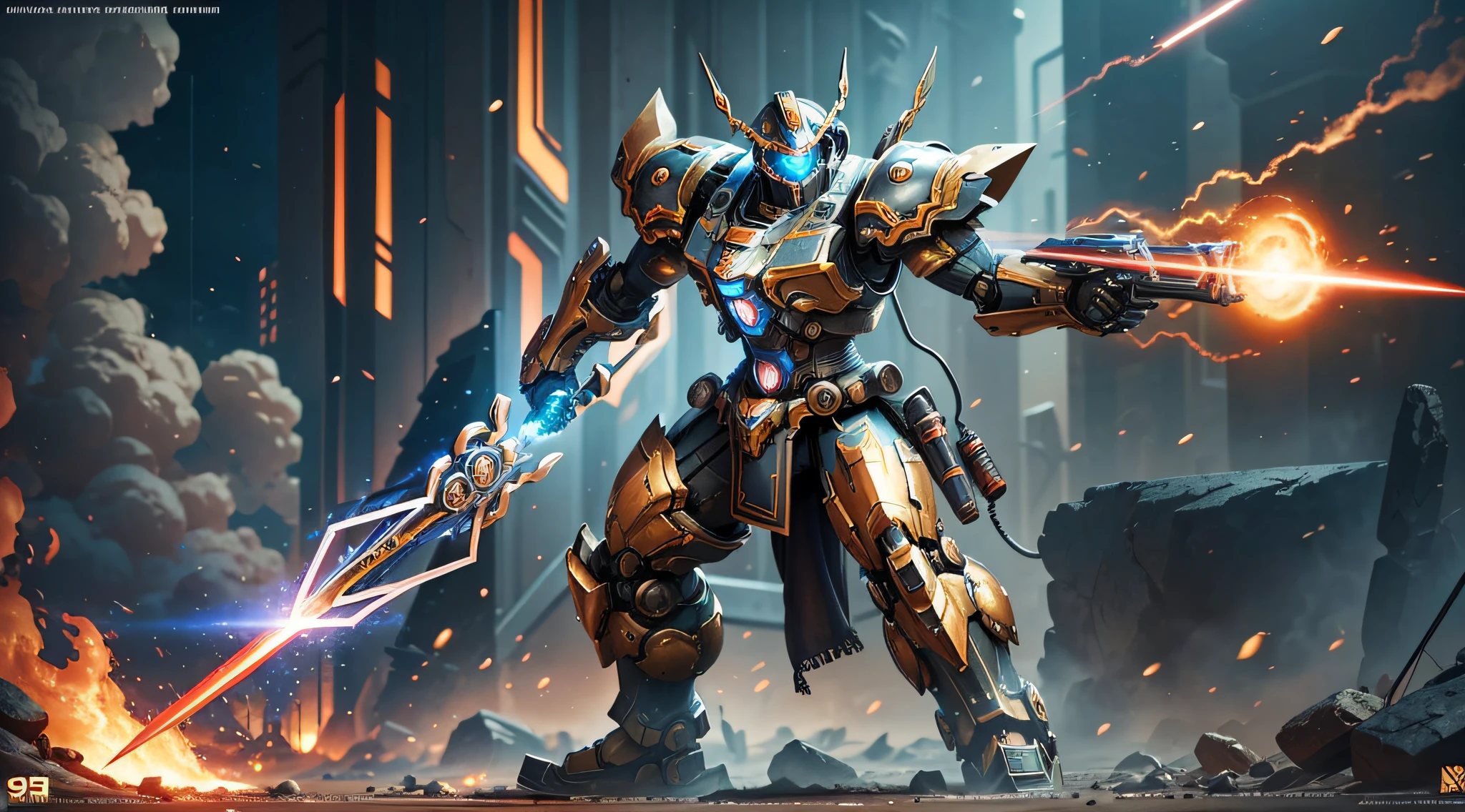 Steampunk style, cold colors, cinematic effects, futuristic sci-fi giant mecha warrior, combat stance, holding red flame sword, super details, light and shadow, particle light, particle special effects, aesthetic, 8K, top painting, concept art, epic composition, with HD details, metallic texture and tension composition, hyperrealism, ultra-realistic, rich in detail, 3D.