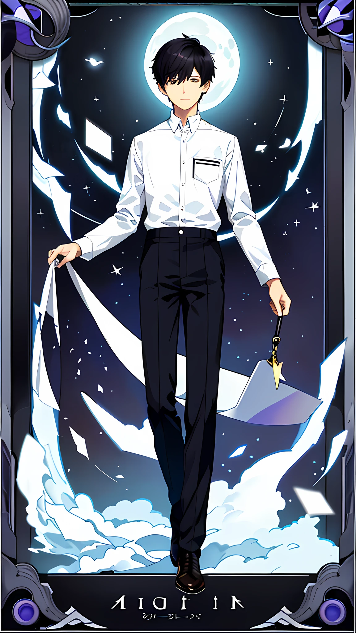 masterpiece, best quality, full body, card, 1 boy, the moon, calm, wisdom, clever, short hair, black hair, brush cut, white shirt, standing, white, blue, black, purple