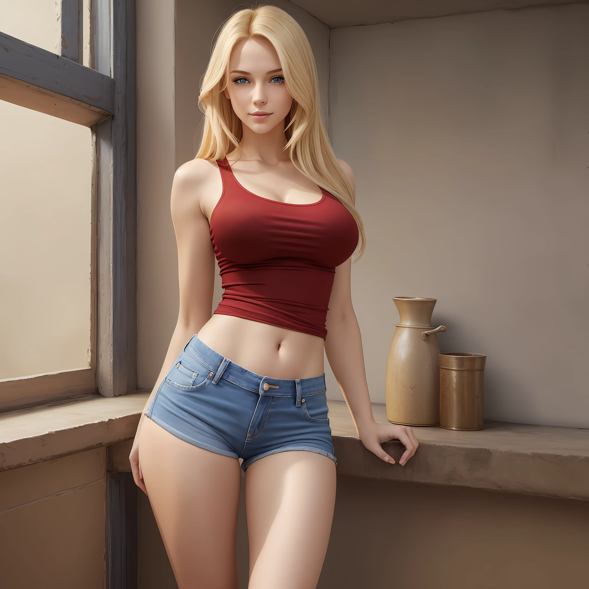 2d image of a beautiful woman with blonde hair, straight and big.blue eyes, fair skin, delicate appearance, seductive smile, reddened lips, big breasts, thin waist, small ass and wearing a red sleeveless t-shirt and a jeans shorts.full body --auto --s2