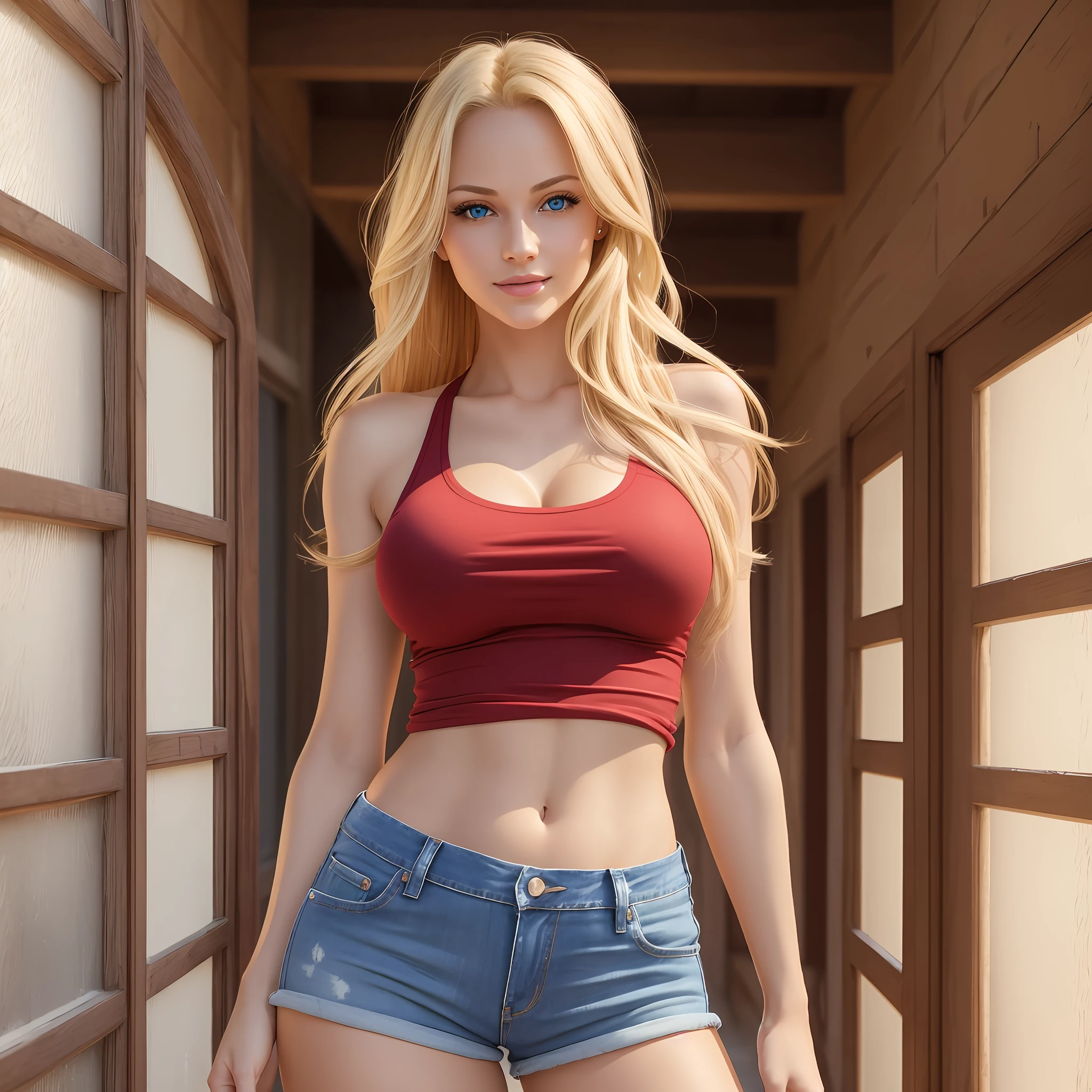 2d image of a beautiful woman with blonde hair, straight and big.blue eyes, fair skin, delicate appearance, seductive smile, reddened lips, big breasts, thin waist, small ass and wearing a red sleeveless t-shirt and a jeans shorts.full body --auto --s2