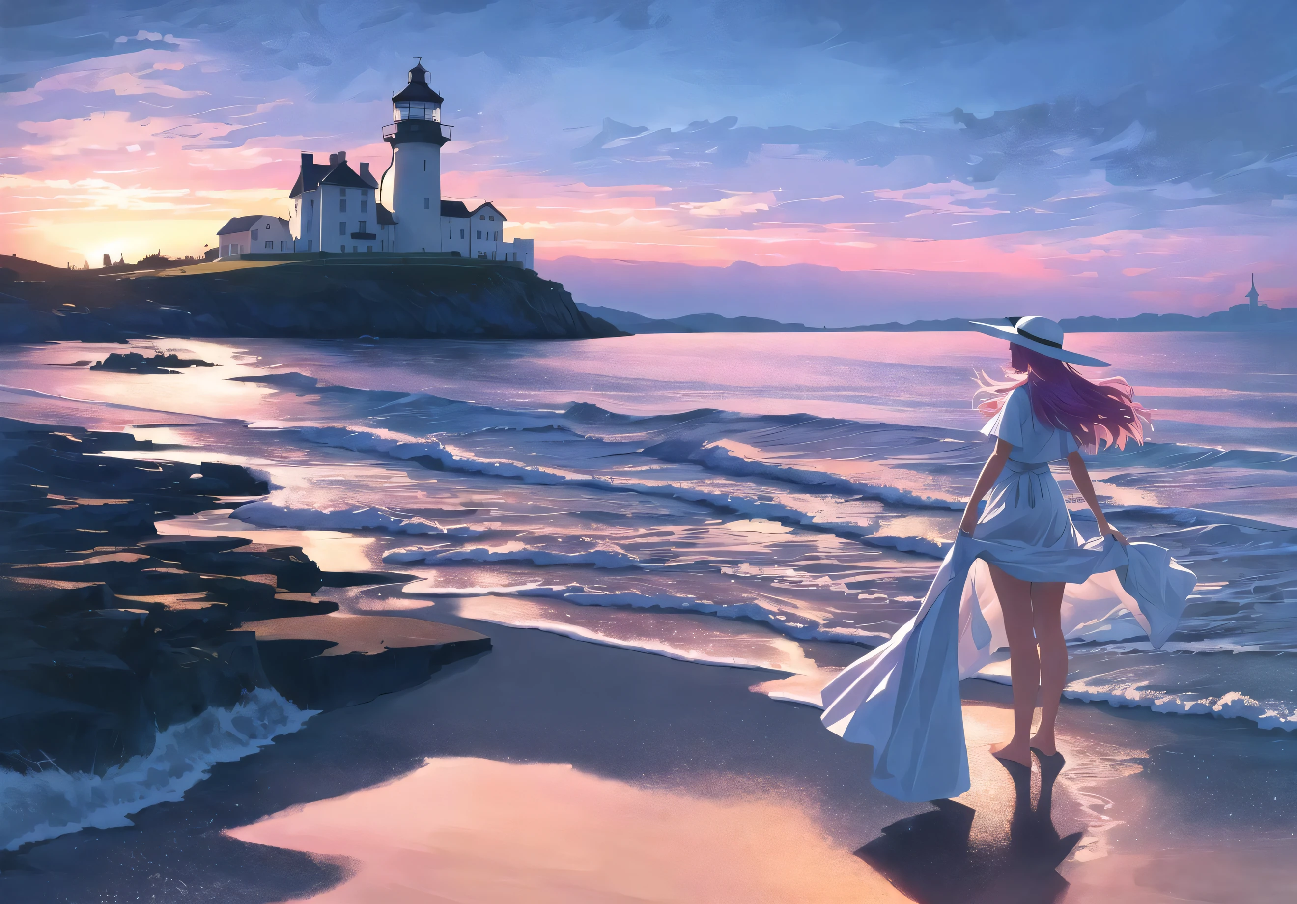 1girl,white sundress,blue hair,sun hat,wide hips,thick thigh,barefoot,tall girl,pink hair,looking away, beach, blue_sky, building, castle, city, cloud, cloudy_sky, day, hat, house, island,lighthouse, mountain, ocean, outdoors, plant, purple_hair, rock, sky,water,gigantic,from behind,outdoors, (masterpiece, best quality:1.4),high quality, highly detailed,detailed,perfect,wide_shot,dingy,dim lightning,dramatic lightning,sydmead_style ,wind blowing, city far in the backgroud coverd with fog sunsetHyperStylizeV6