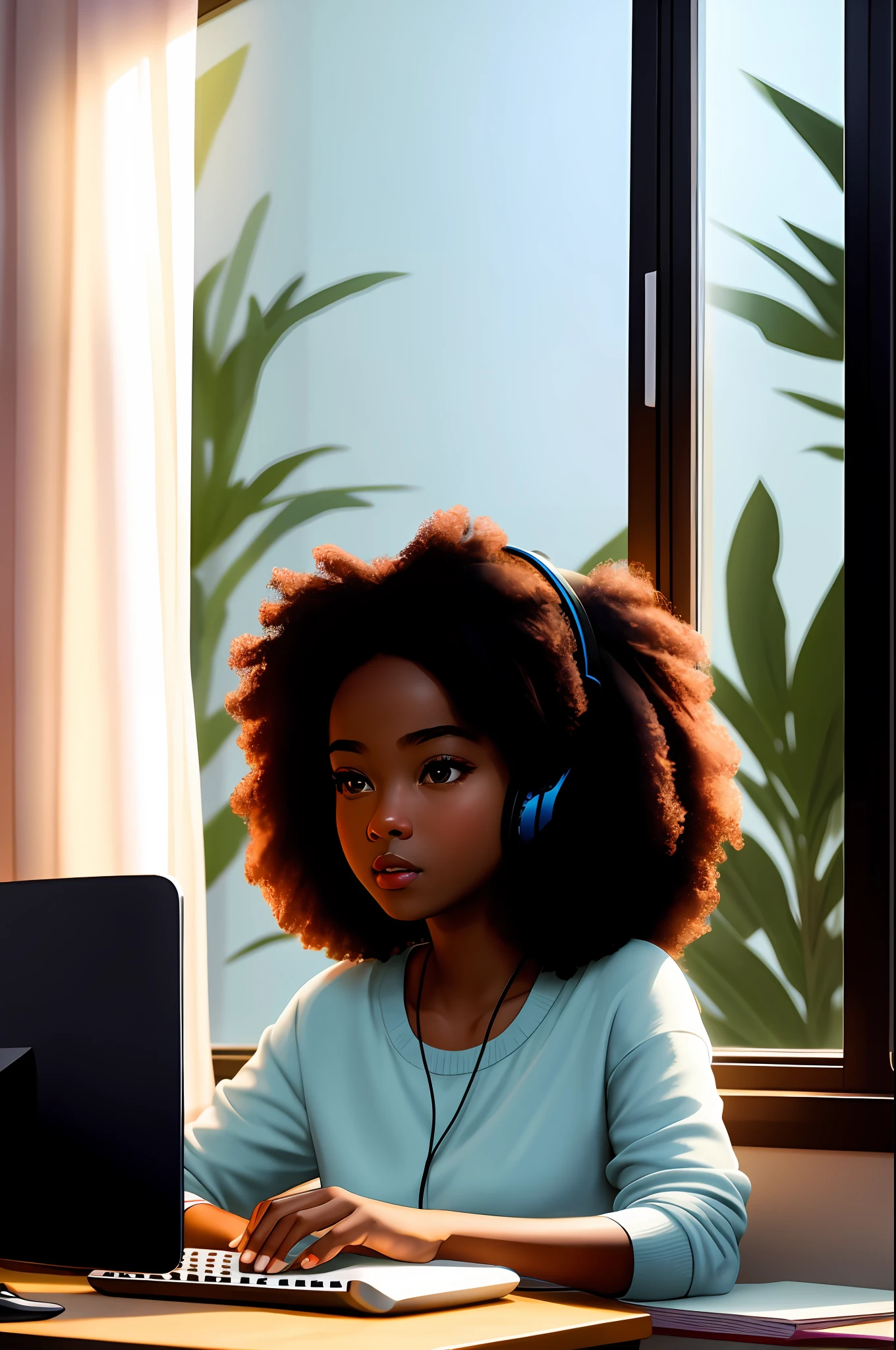 a cartoon character studying, at night, in the bedroom, on the computer desk, only she is in the room, with headphones, near the window, computer light reflects on the face, black girl, movie art, clean photo, ghailan!, as a pixar character, beautiful young woman, afro hair, grace and blessing, promotional image of the movie, rendered image,   rendered in unreal