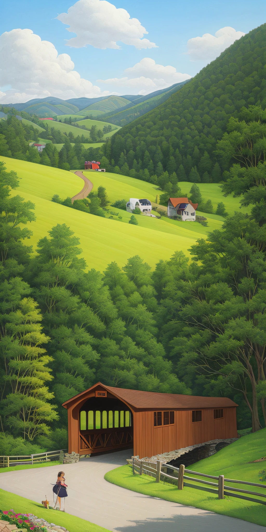 extremely detailed cartoon of woman walking her dog through covered bridge with hills in background by artist john sloane