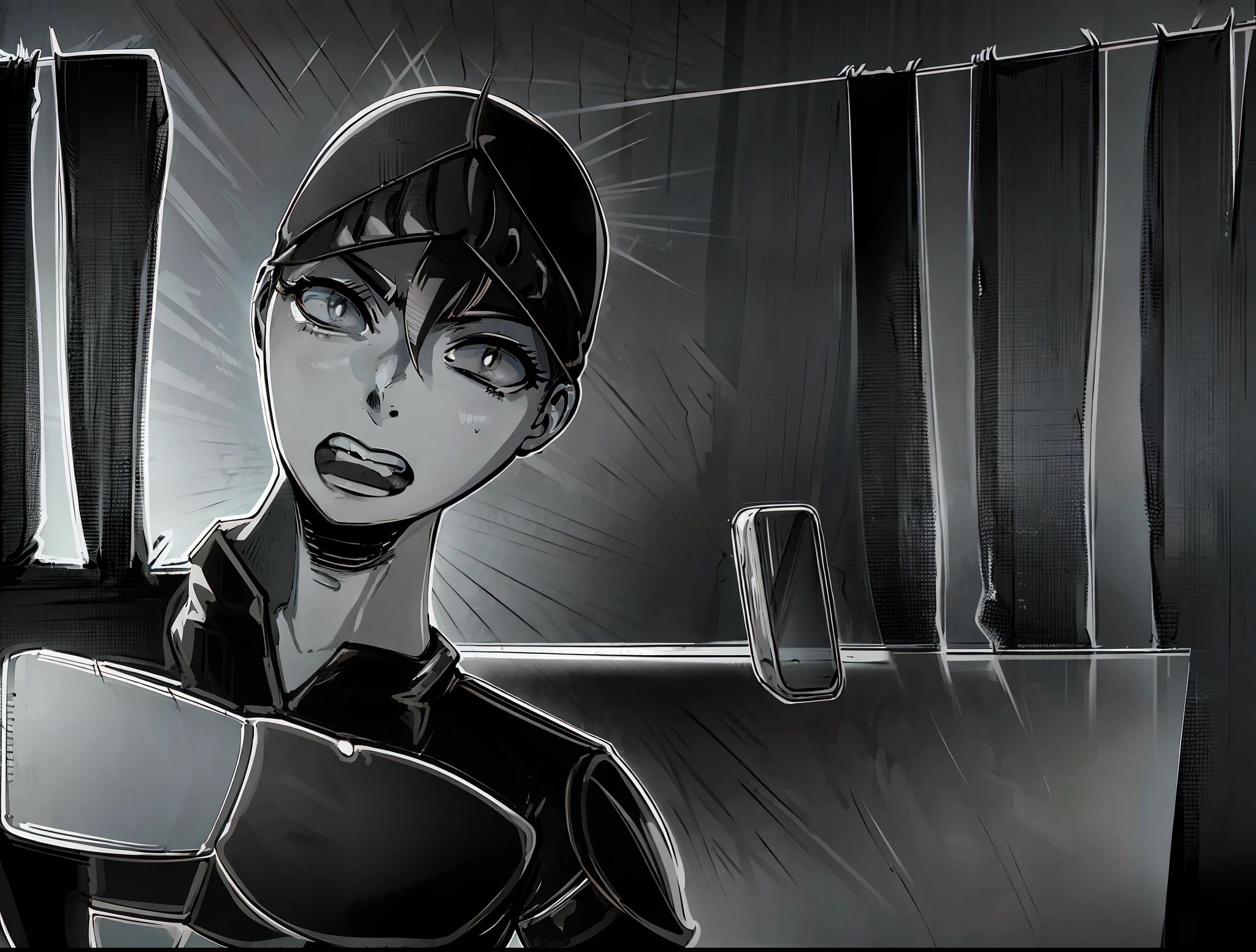 a cartoon of a woman with a black shirt and a black and white striped background, black and white manga panel, adult shaded cell phone animation, animatic, inspired by Junpei Satoh, noir animation, intense line art, black and white manga page, berserk style, ! movie scene, by Shingei, mostly in grayscale, animation still screencap,black and white manga style,black white tones is gray