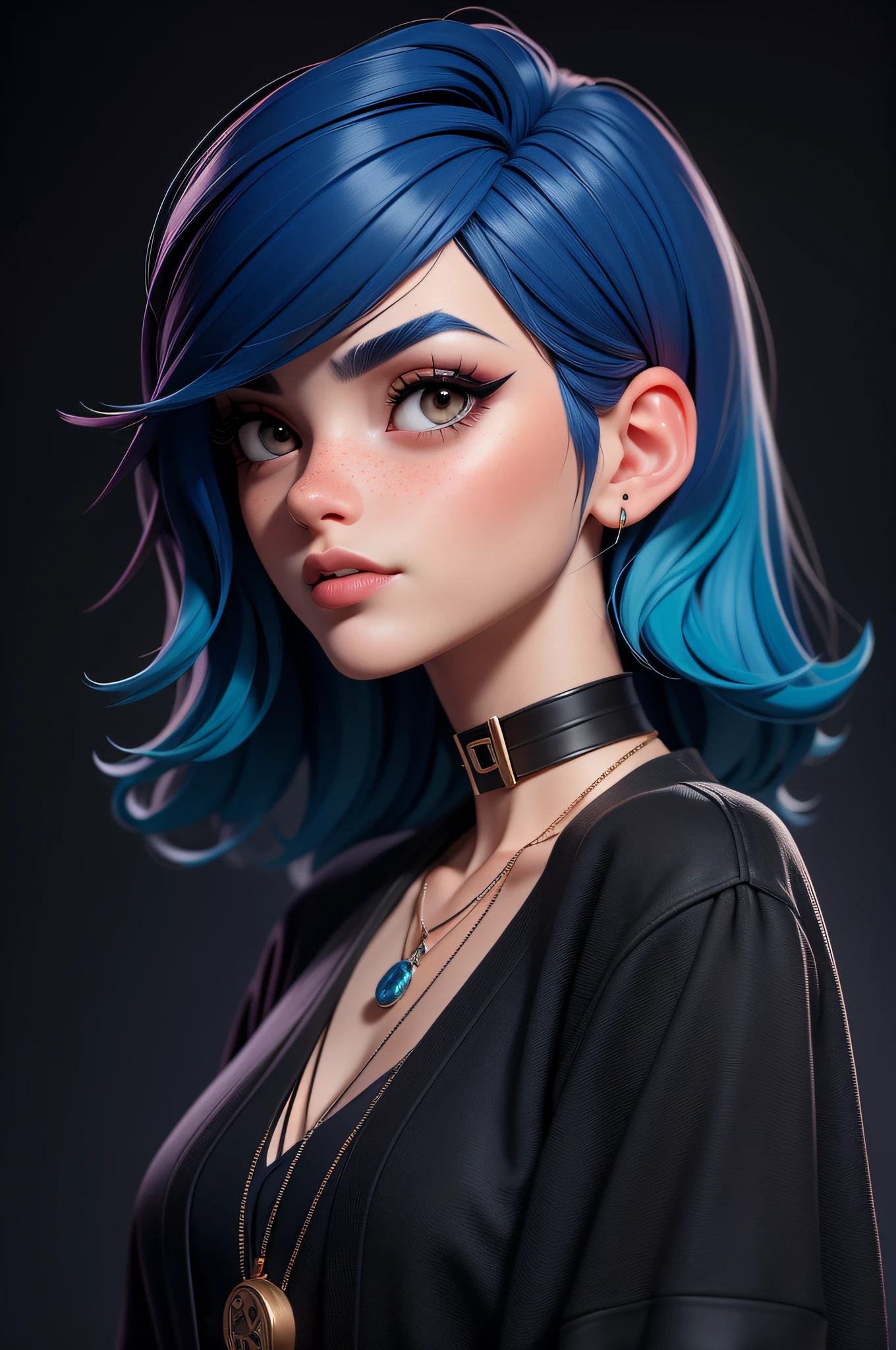 masterpiece, best quality,3d rending work ,3DMM style,close-up,portrait, 3D,1girl, solo, multicolored hair, blue hair, black hair, necklace, freckles, jewelry, two-tone hair, looking to the side, realistic, upper body, simple background, bangs, looking away, short hair, parted lips, black eyes, lips, gothic, choker, makeup, mole, black shirt, shirt, watermark