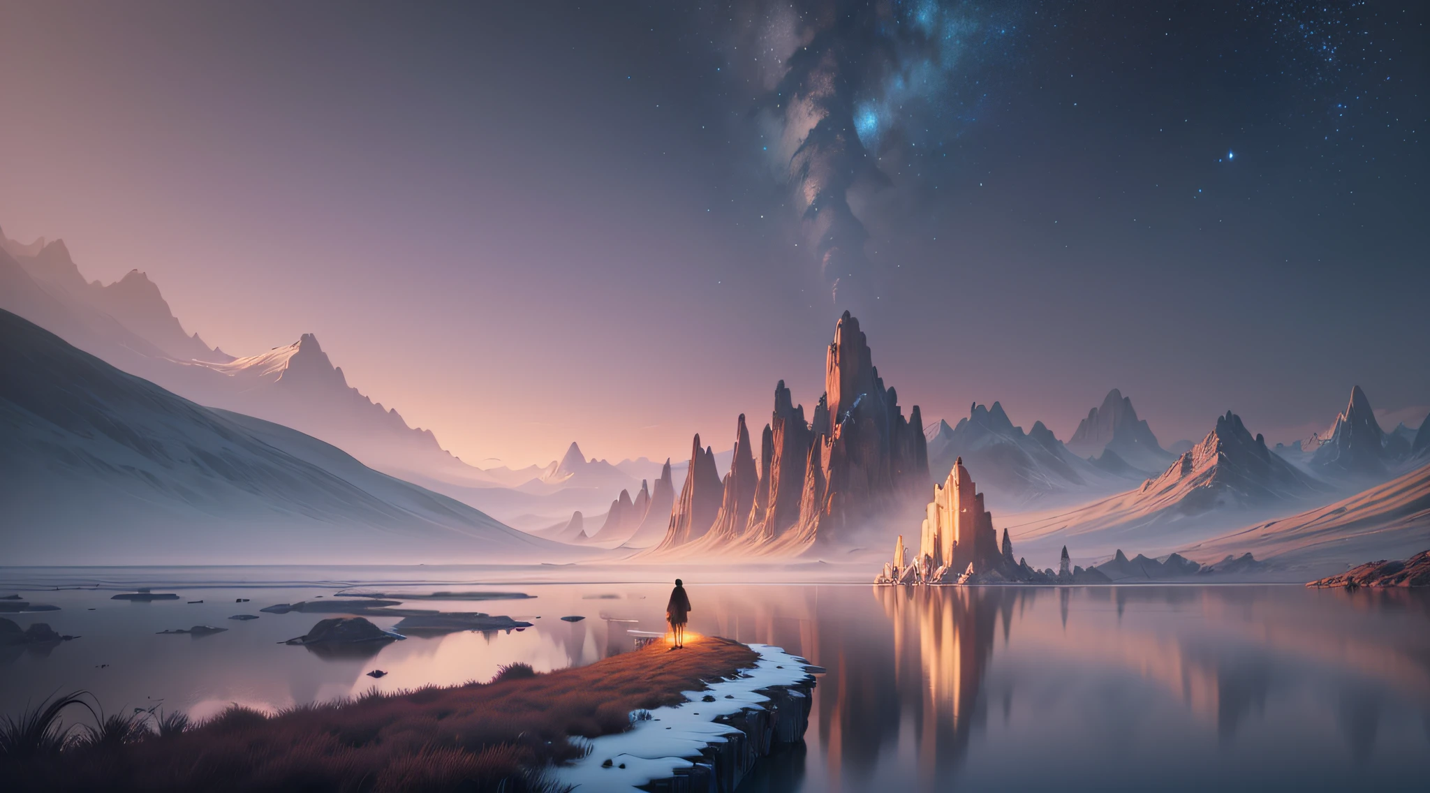 alone in a magical world (extremely detailed CG unity 8k wallpaper,masterpiece, best quality, ultra-detailed),(best illumination, best shadow, an extremely delicate and beautiful),standing alone in an otherworldly landscape,floating,soft light,texture+brush,wide shot,high resolution,nighttime scene, somber and mysterious tone.  $ --auto --s2