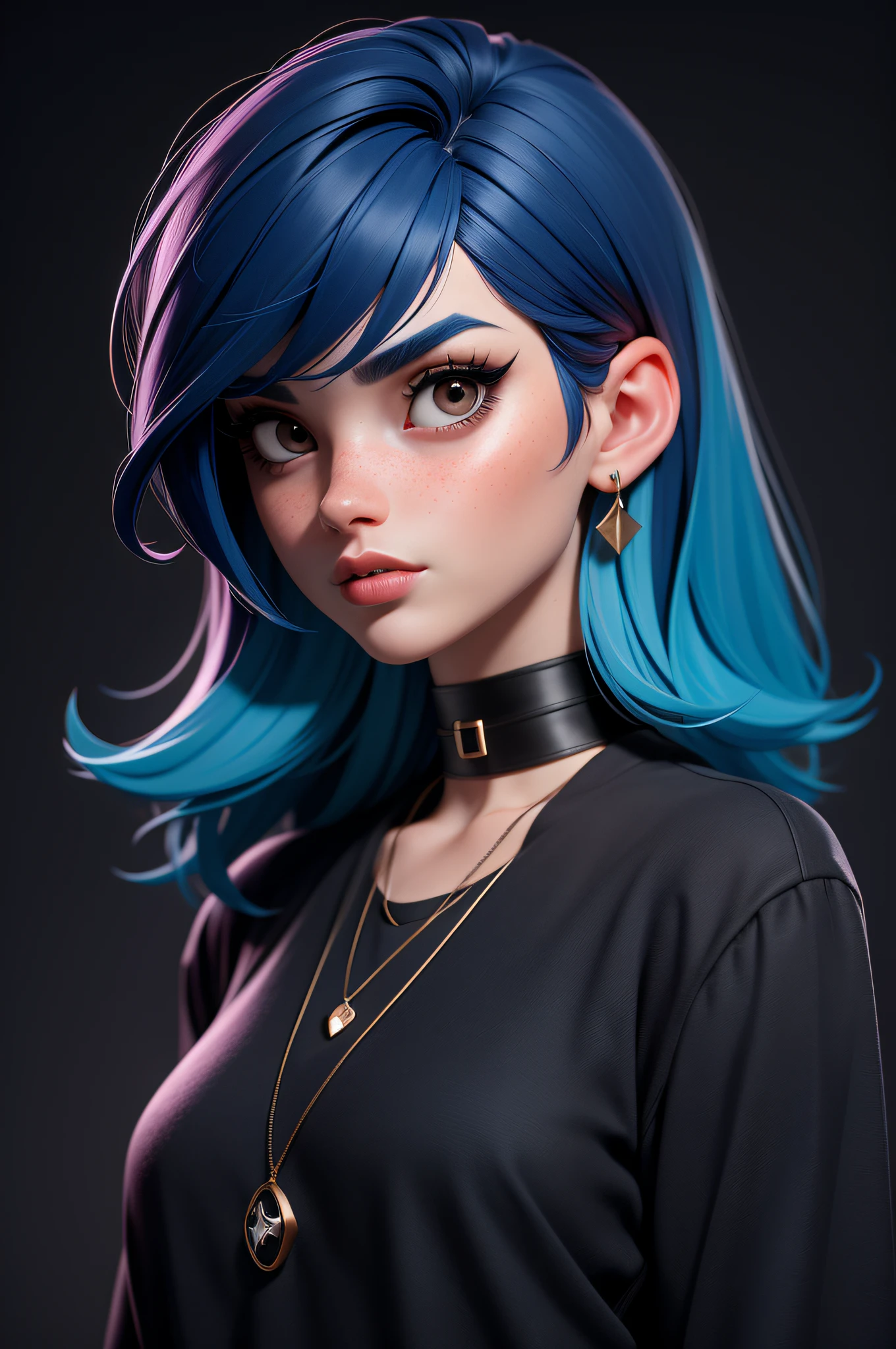 masterpiece, best quality,3d rending work ,3DMM style,close-up,portrait, 3D,1girl, solo, multicolored hair, blue hair, black hair, necklace, freckles, jewelry, two-tone hair, looking to the side, realistic, upper body, simple background, bangs, looking away, short hair, parted lips, black eyes, lips, gothic, choker, makeup, mole, black shirt, shirt, watermark