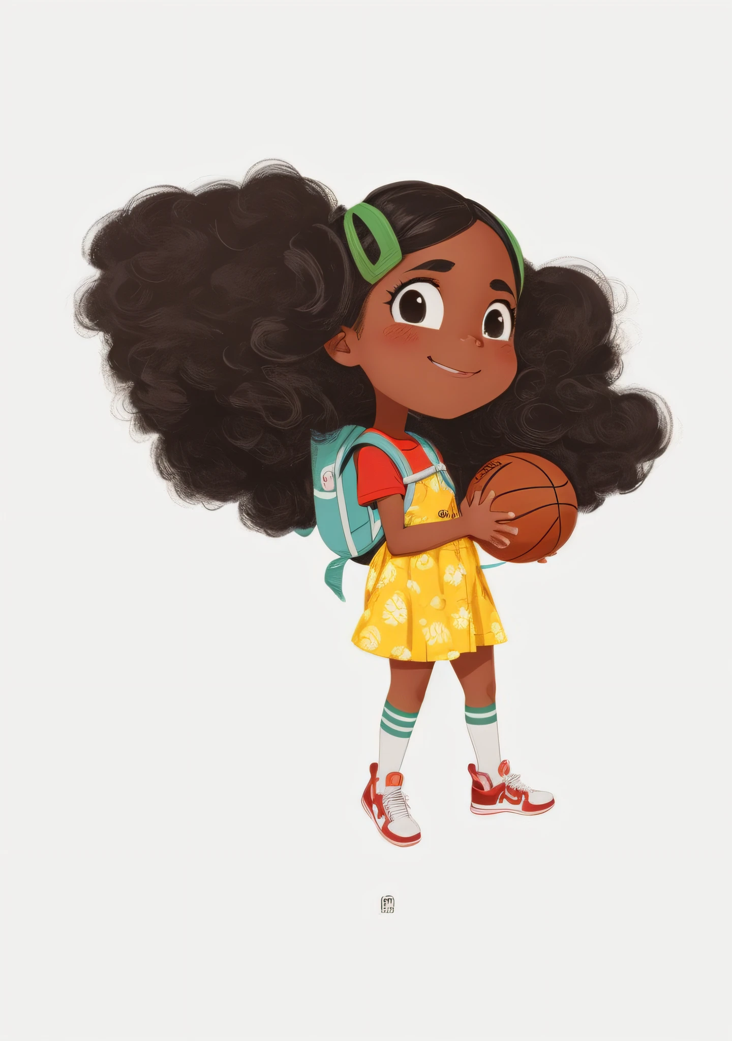 a cartoon girl with a backpack and a basketball ball, cartoon style illustration, character illustration, highly detailed character design, super cute funky black girl, african american girl, cute cartoon character, very stylized character design, great character design, high quality character design, portrait character design, 2d illustration, 2 d illustration, pixar cute character design, kids book illustration